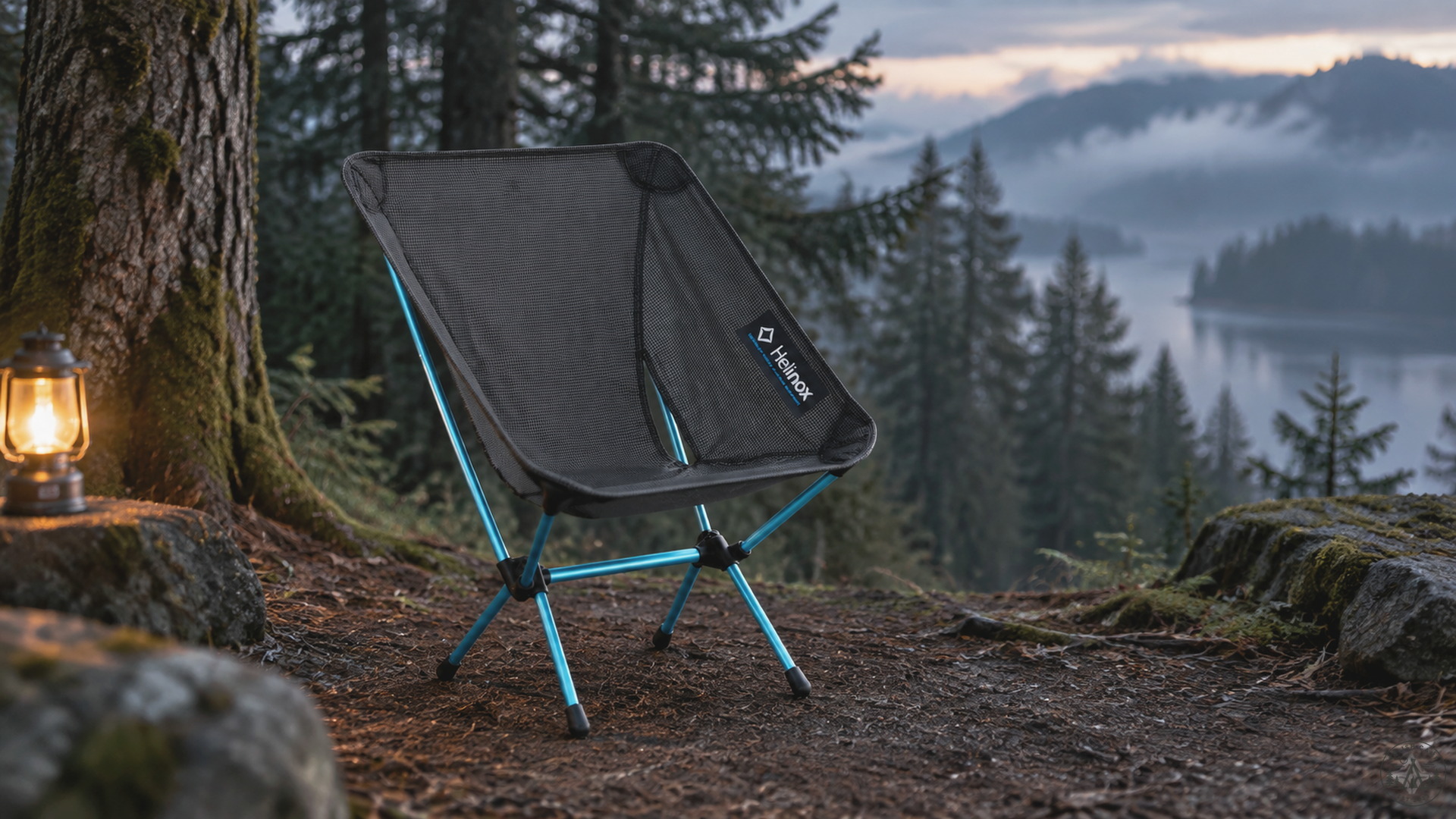 Helinox Chair Zero Black with cyan DAC poles alone on a misty PNW forest floor
