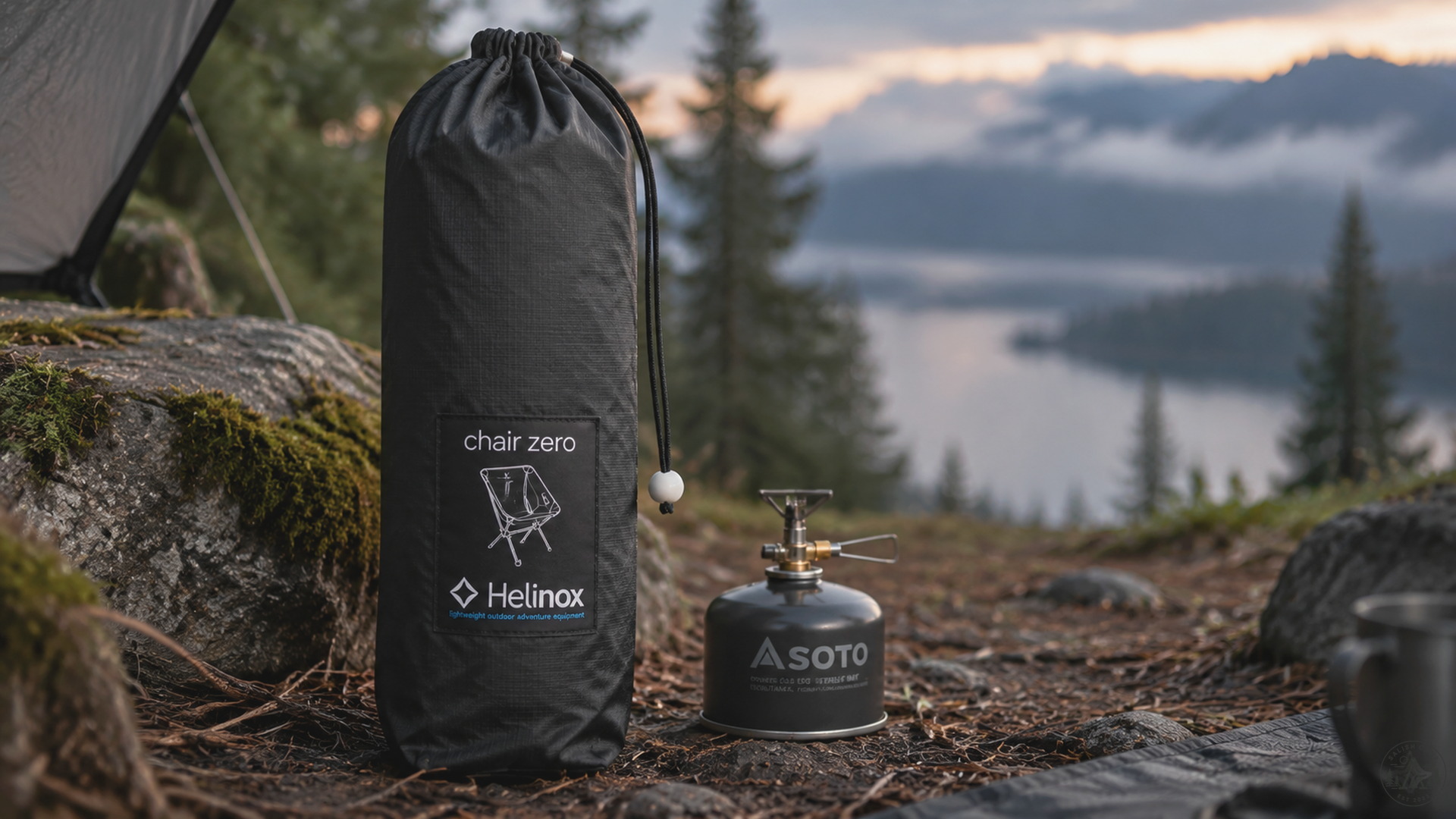Official Helinox Chair Zero cinch bag packed next to a fuel canister for scale