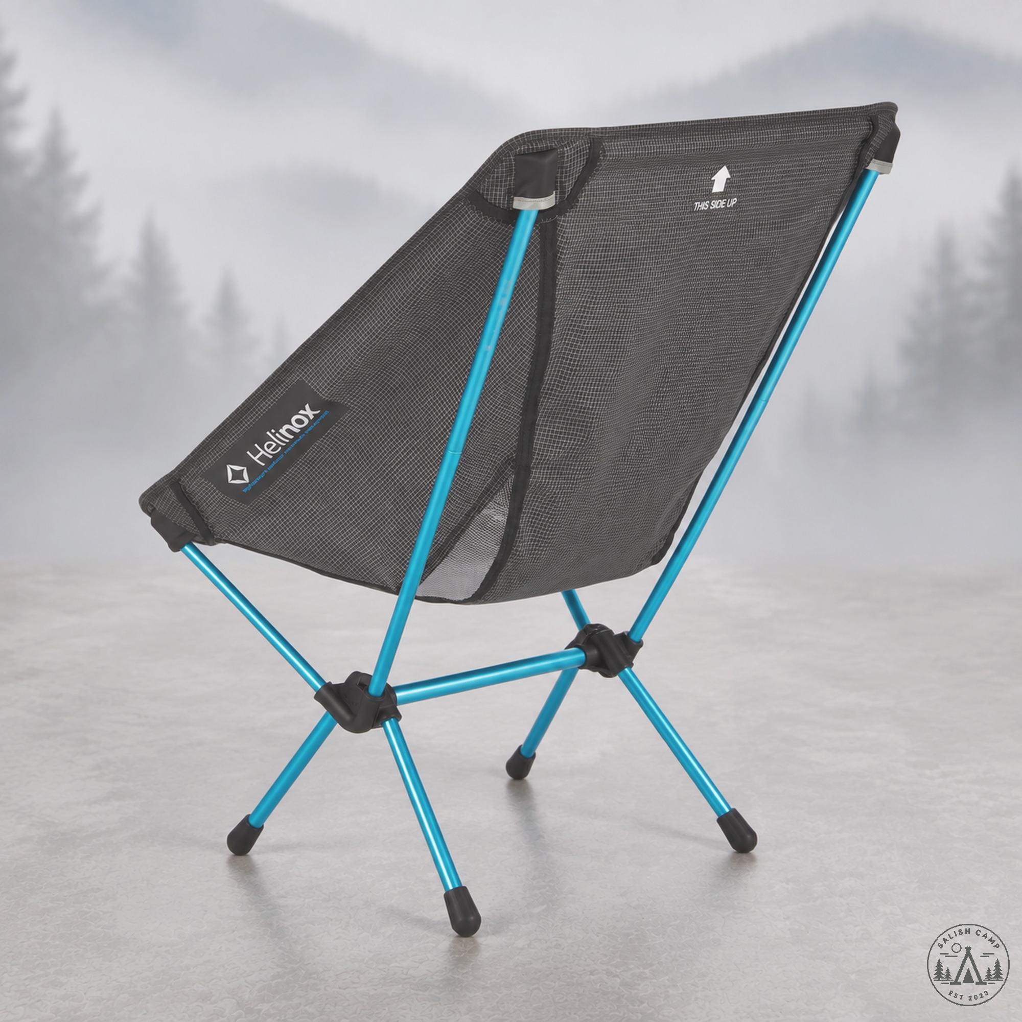 Helinox Chair Zero Black rear view with X-base hubs and THIS SIDE UP backrest print