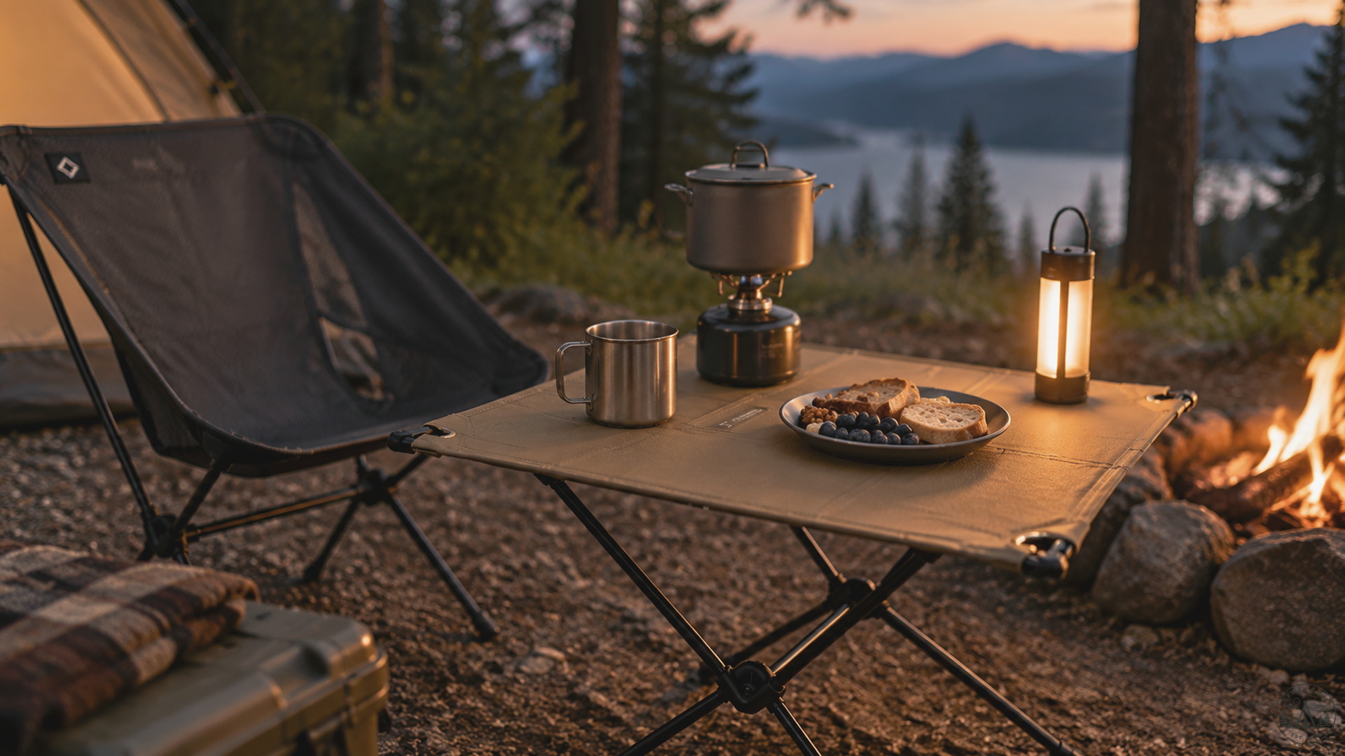 Coffee and plating on Helinox Table One Hard Top Coyote Tan at a misty PNW base camp