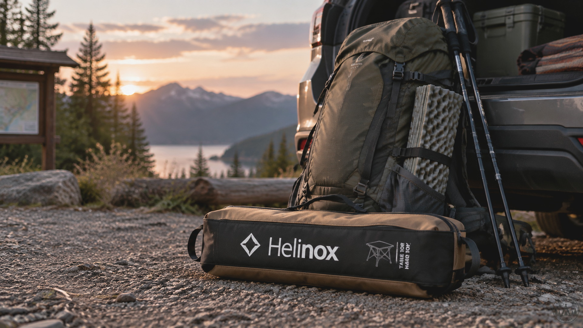 Official Helinox Table One Hard Top two-tone Coyote Tan carry case staged with trail pack