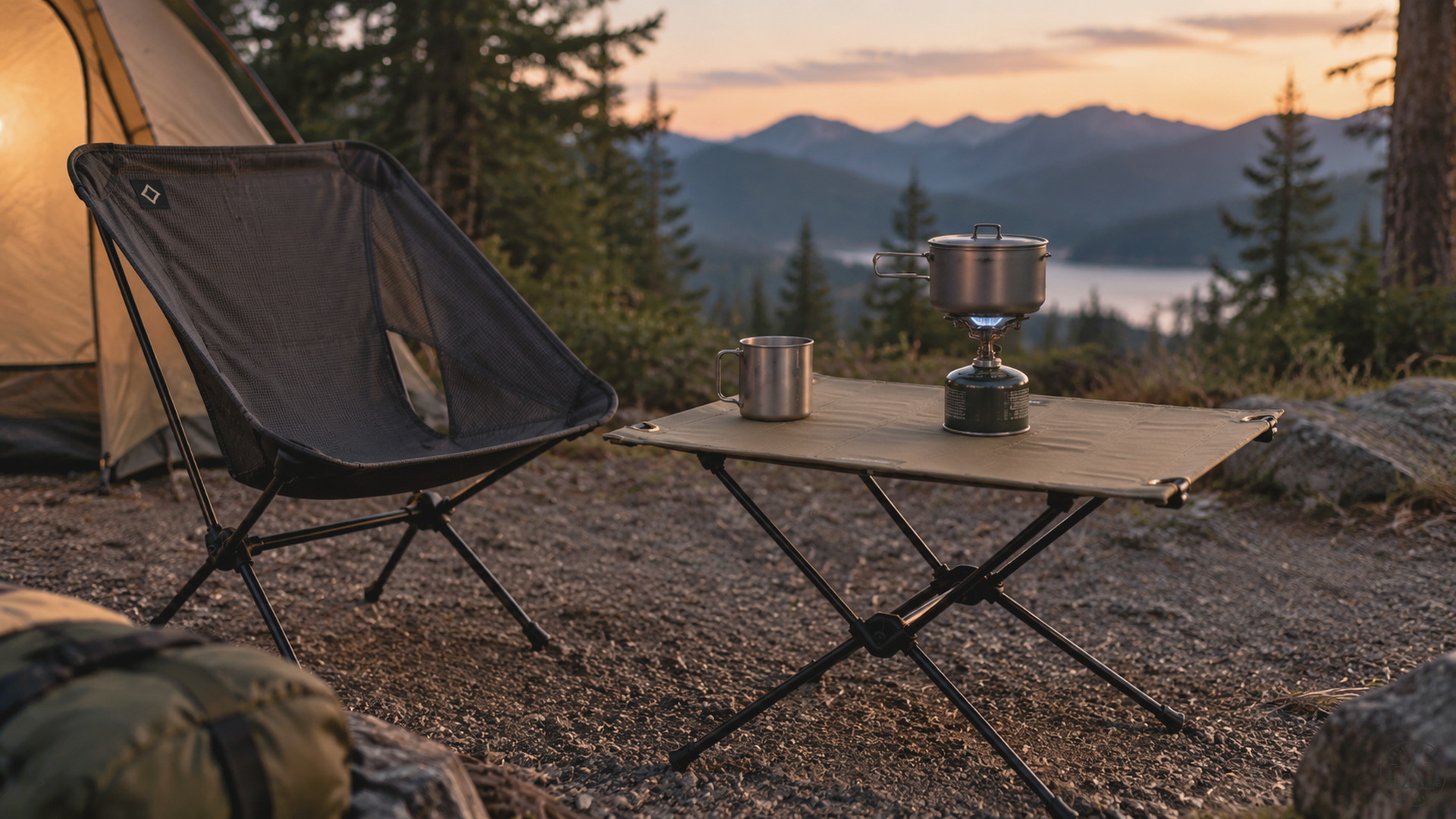 Helinox Table One Hard Top Coyote Tan beside a Helinox Chair Zero at a PNW trail camp with stove and mug