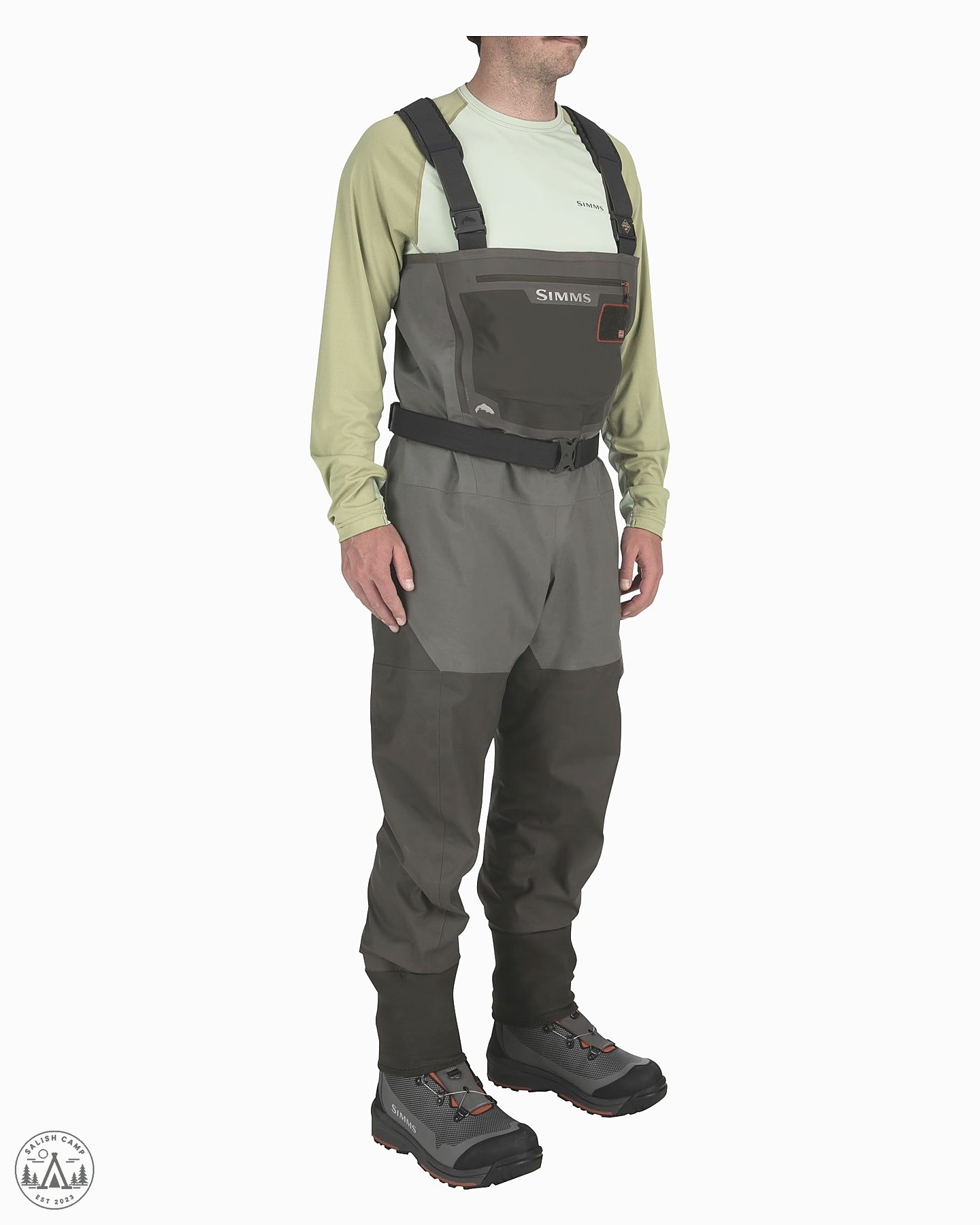 Simms G3 Guide Stockingfoot Waders fabric hand and seam tape closeup