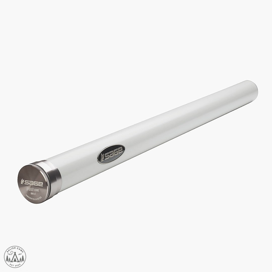 Sage R8 Core 590-4 fly rod and branded tube product-only view