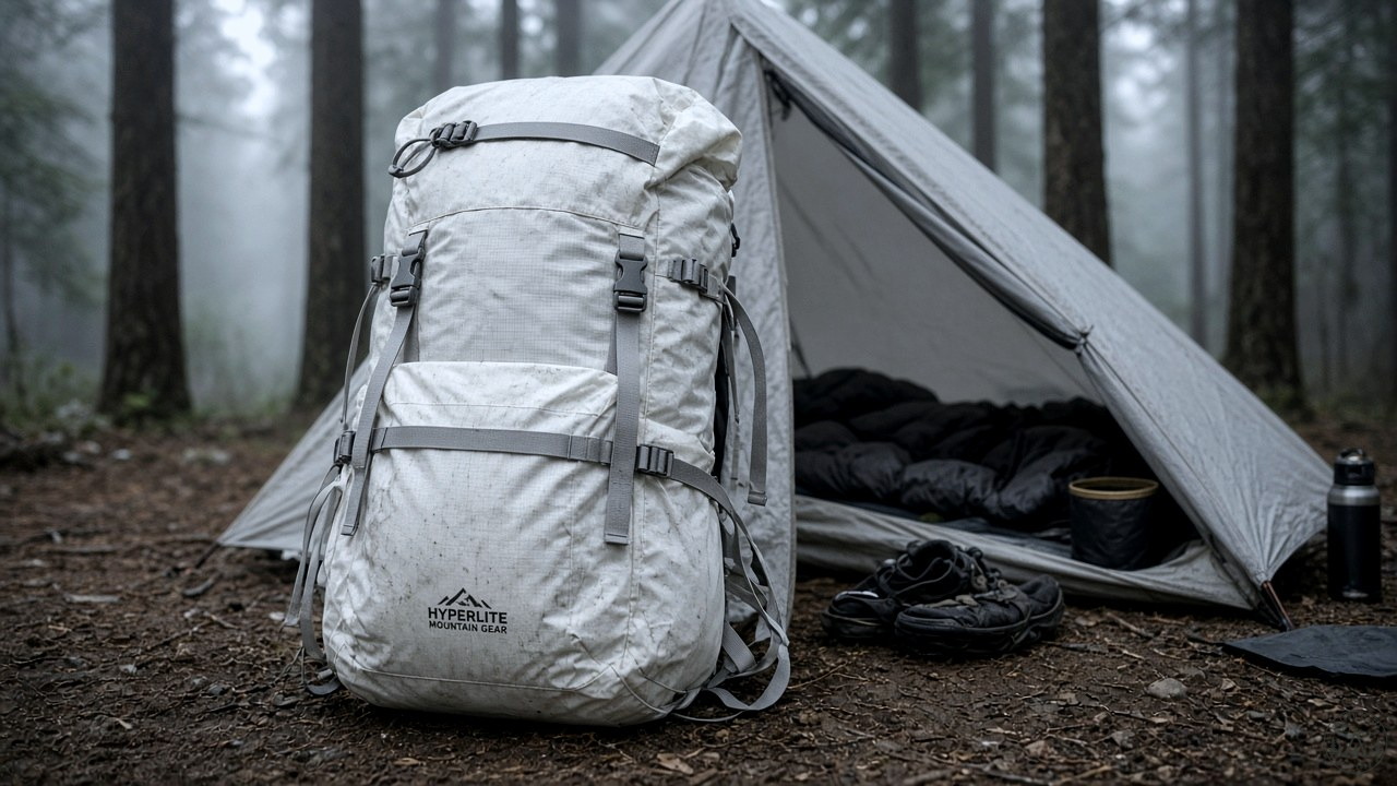 Hyperlite Southwest 40 pack in foreground with ultralight shelter behind