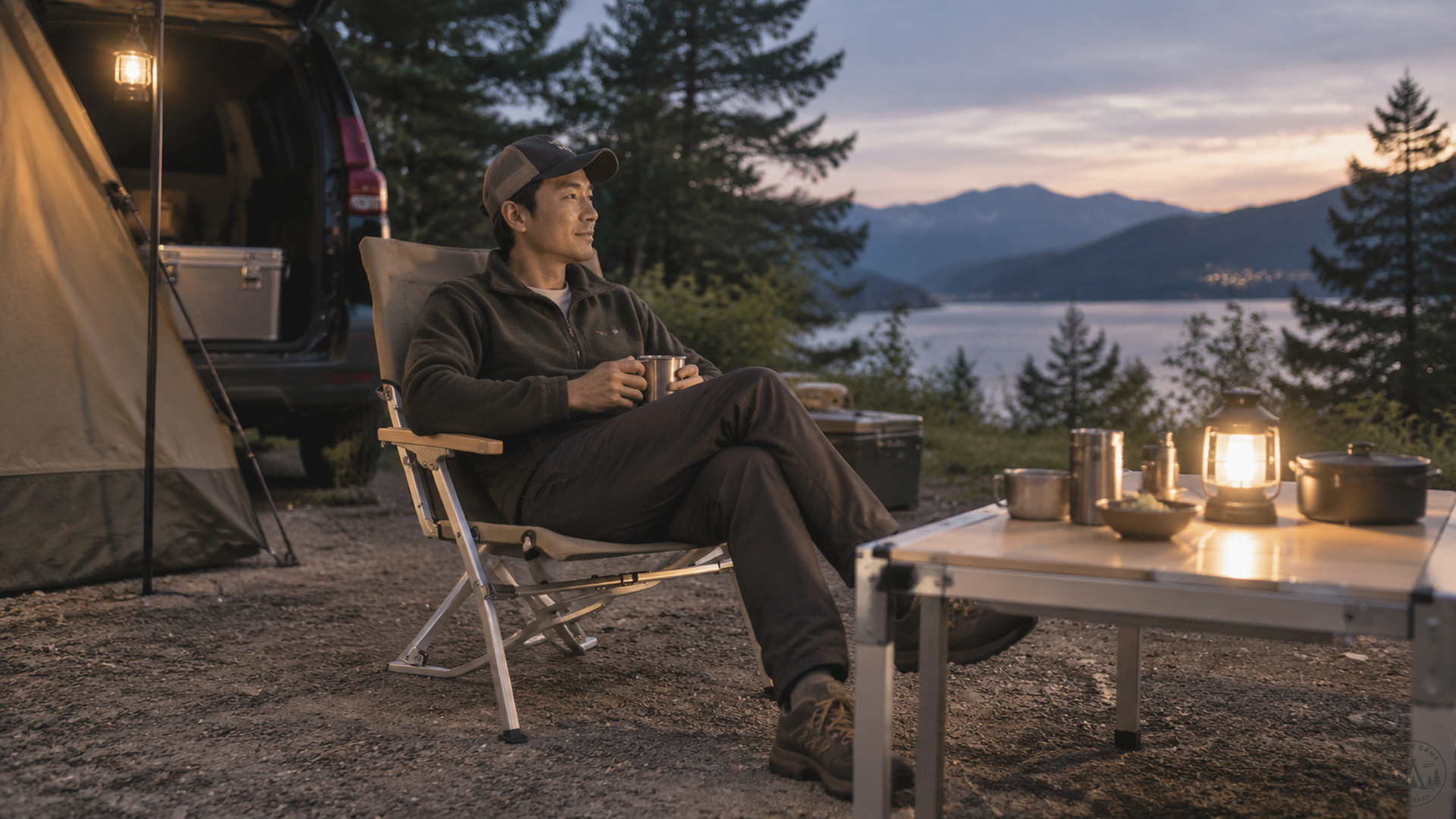 Snow Peak Low Chair 30 khaki at dusk beside a low camp table