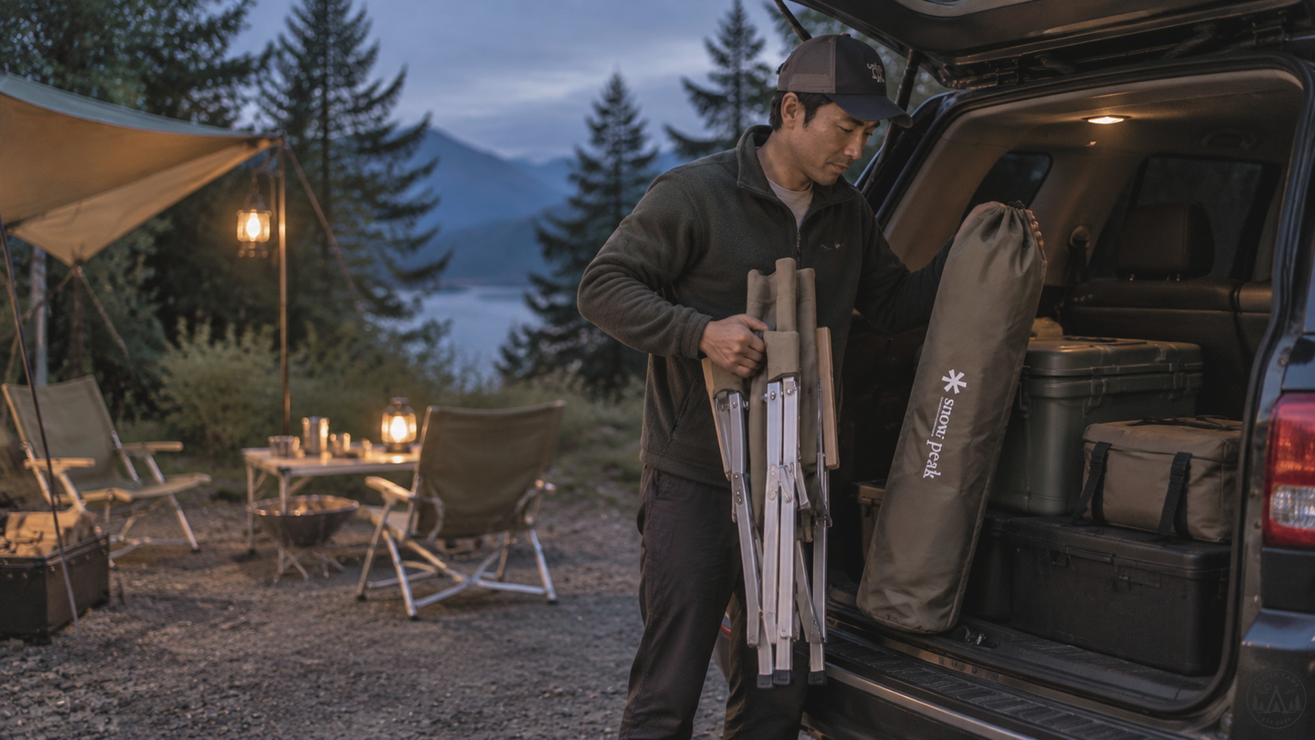 Snow Peak Low Chair 30 carry bag packed at a car trunk