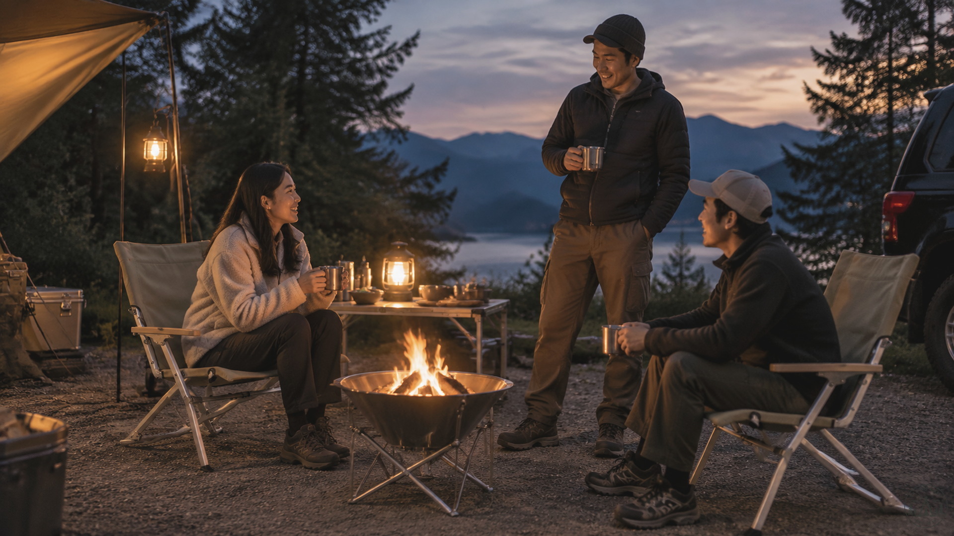 Friends gathered around a fire with Snow Peak Low Chair 30 khaki seats