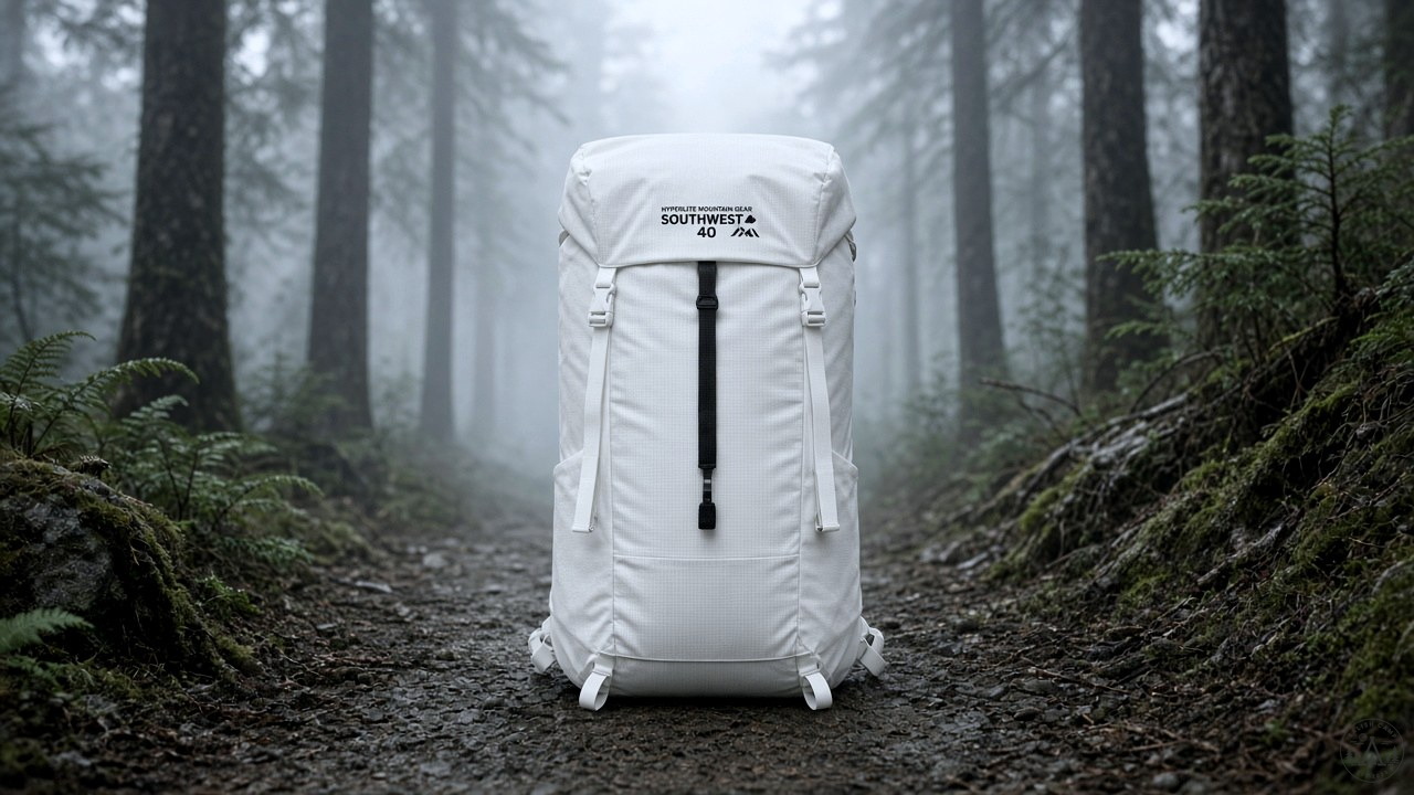 Hyperlite Southwest 40 backpack front view on a misty forest trail