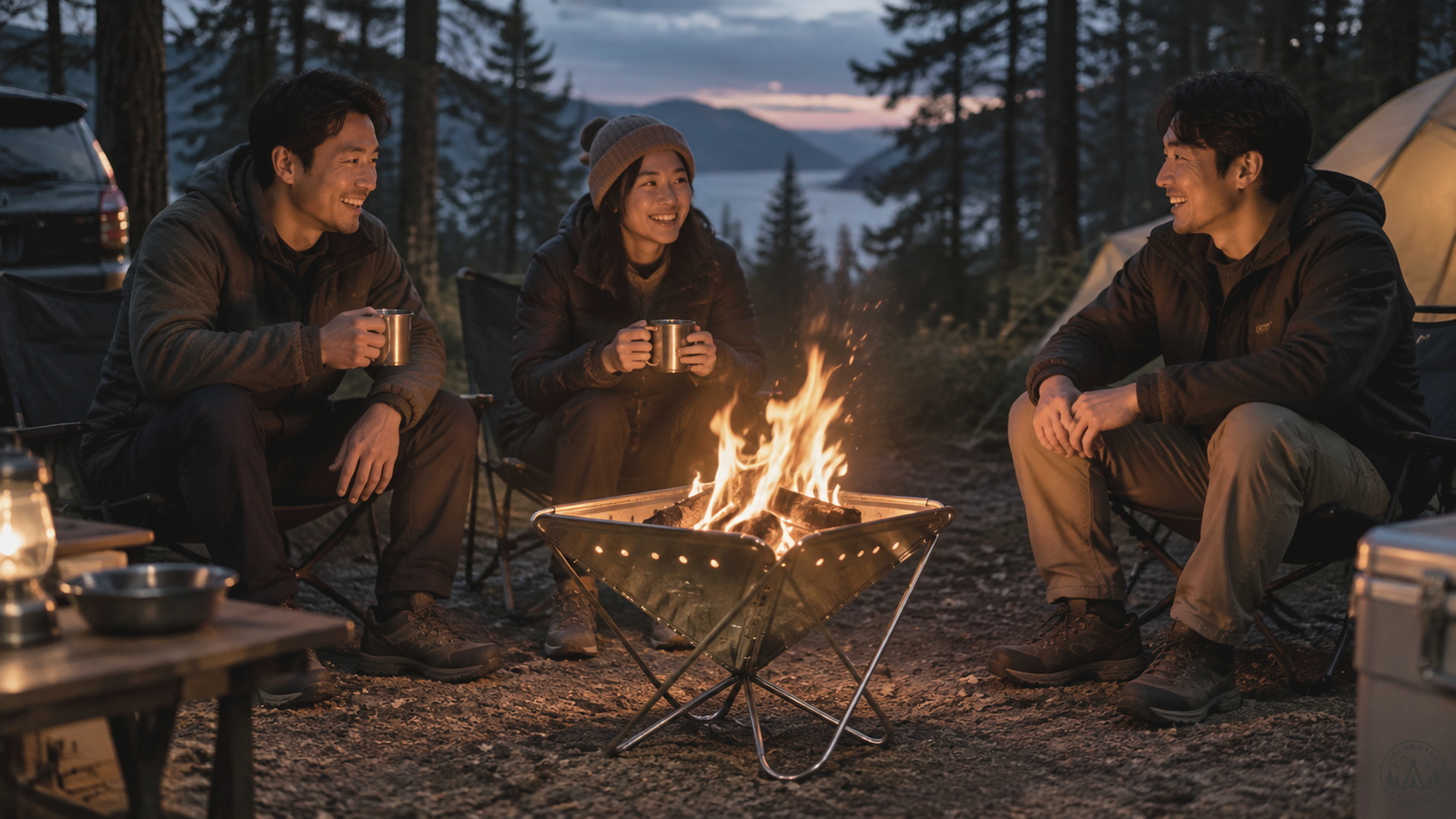 Korean friends gathered around a lit ST-032RS at a PNW car camp