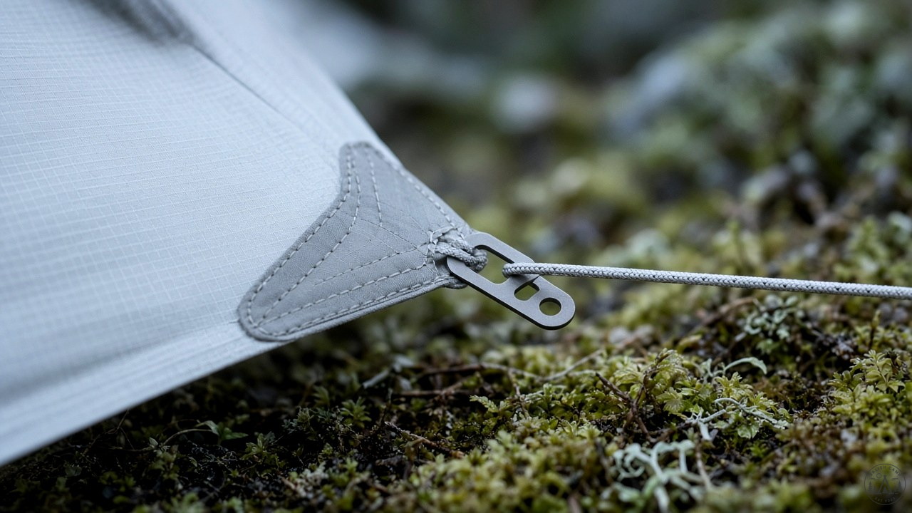 Hyperlite Unbound 2 stake and guyline anchored in forest soil