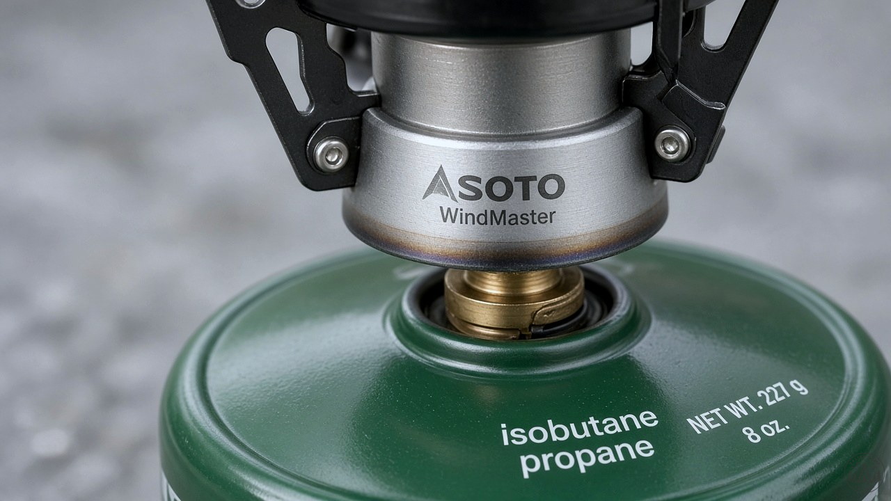 Soto WindMaster threaded onto an isobutane fuel canister