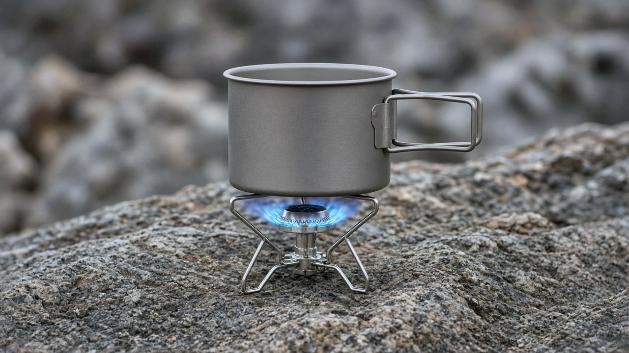 Soto WindMaster burning under a backpacking pot on rock