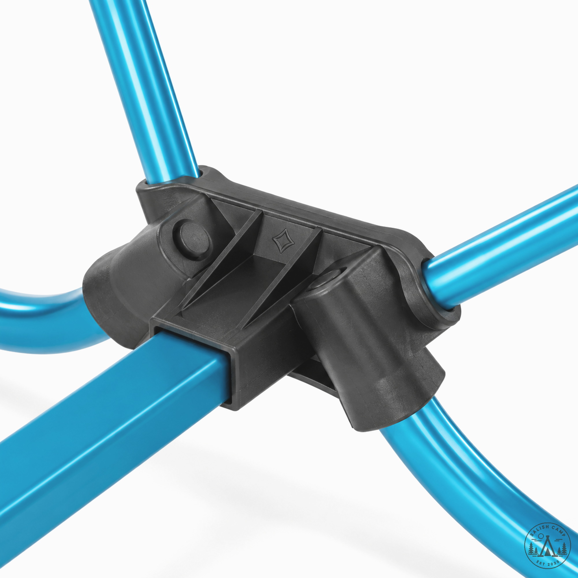 Close-up of a black hub joining the cyan poles of the Blue Mesh chair