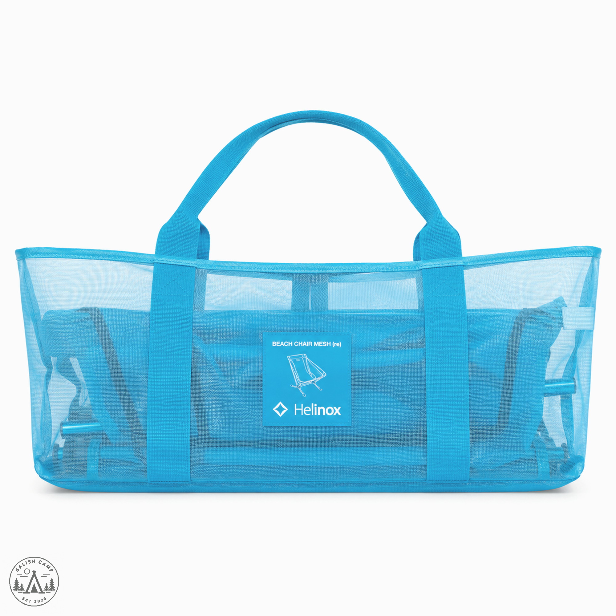 Blue Mesh tote for the Helinox Beach Chair (re), with the packed chair visible through the mesh