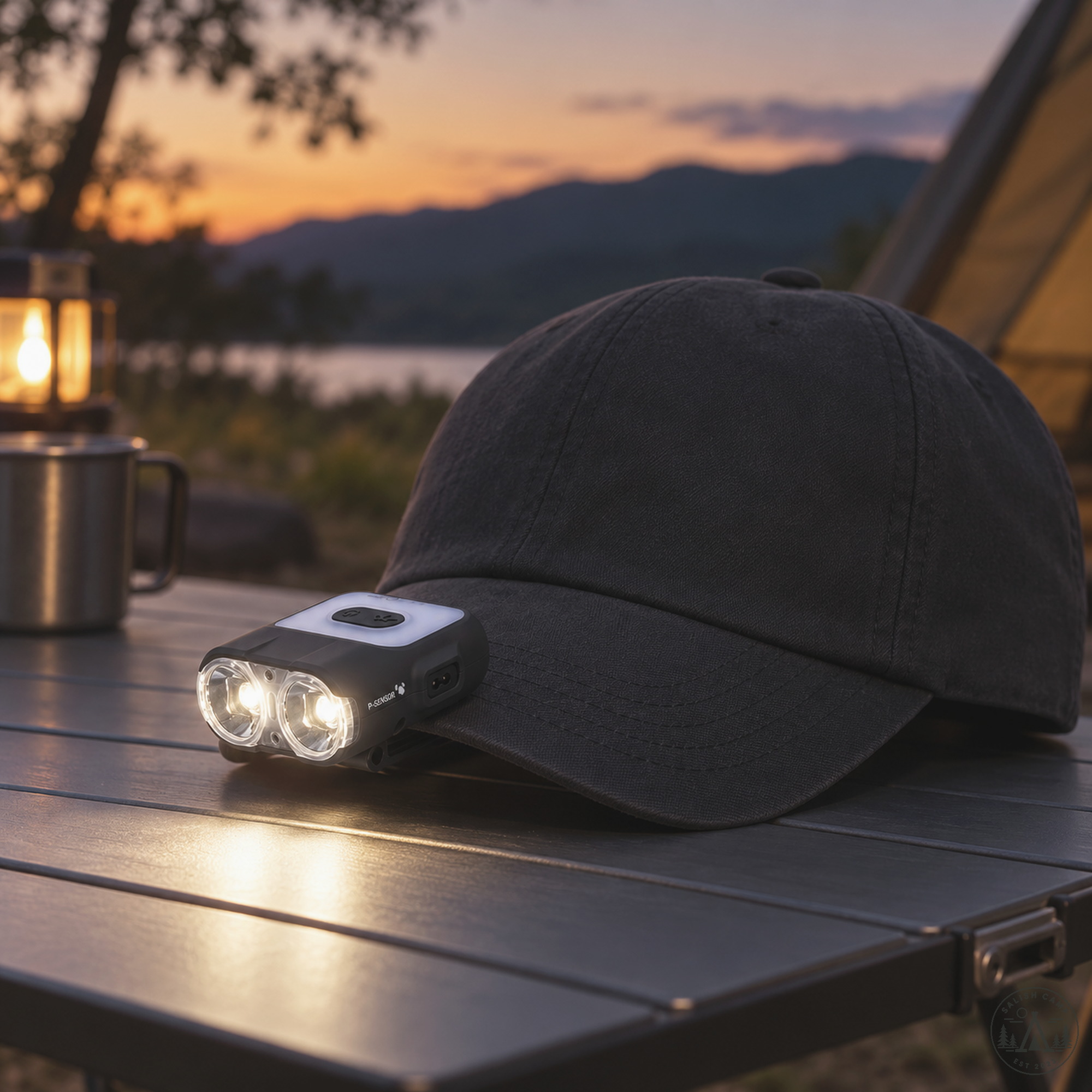 Capon 120H clipped to a plain dark cap brim on a camp table at dusk