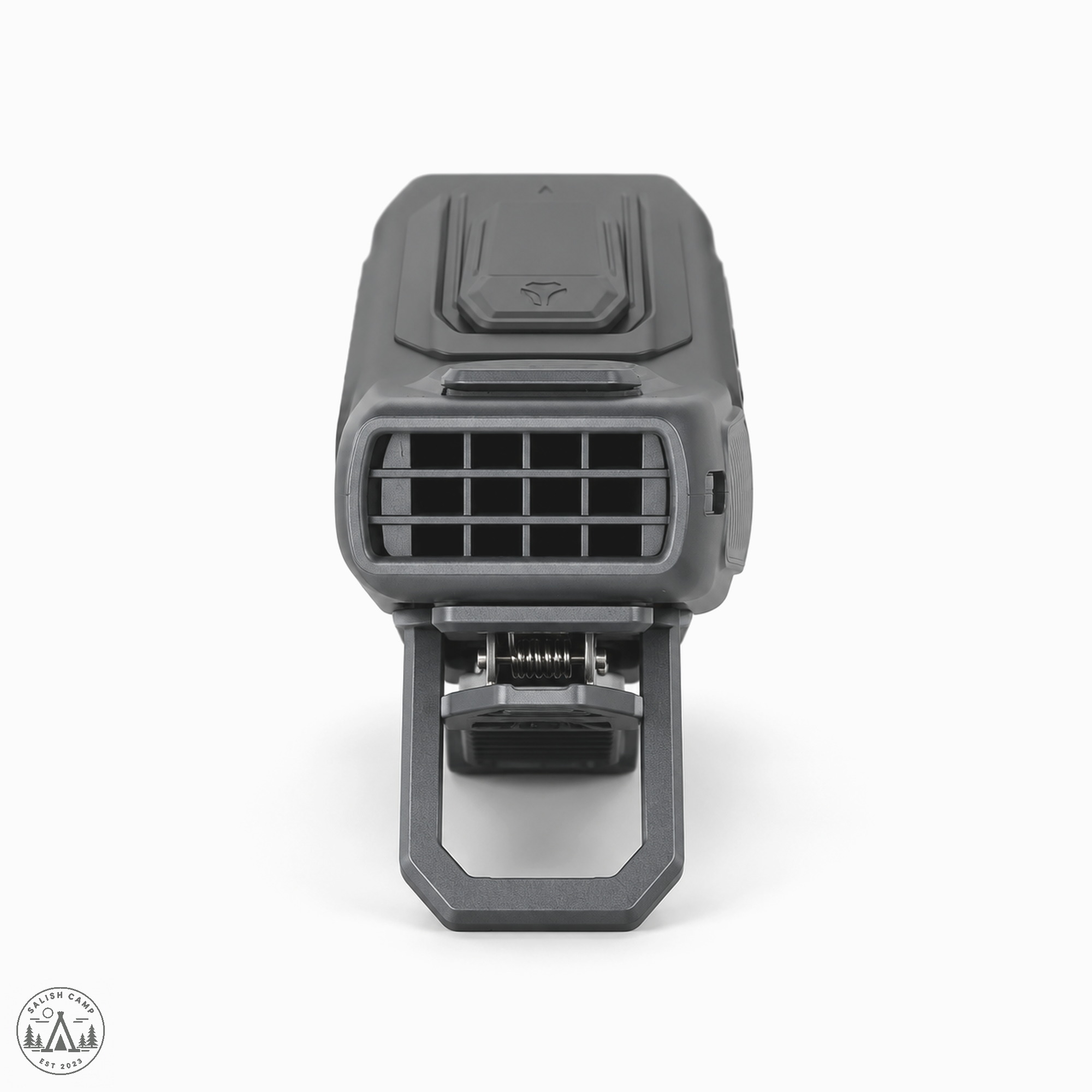 Clip Fan Plus front grille end standing on its fold-out clip stand on white