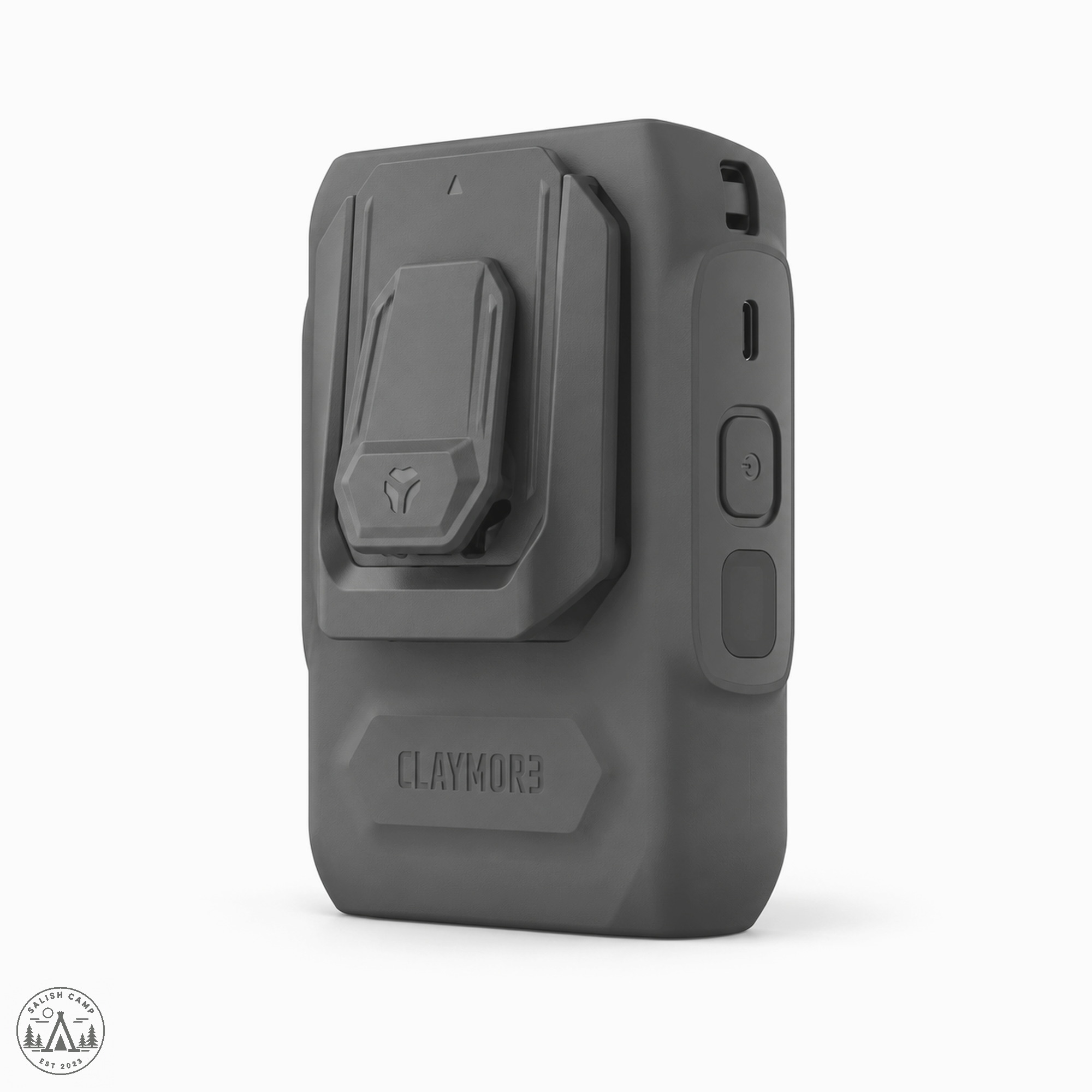 Back three-quarter view of the Clip Fan Plus showing the clip, side button and port
