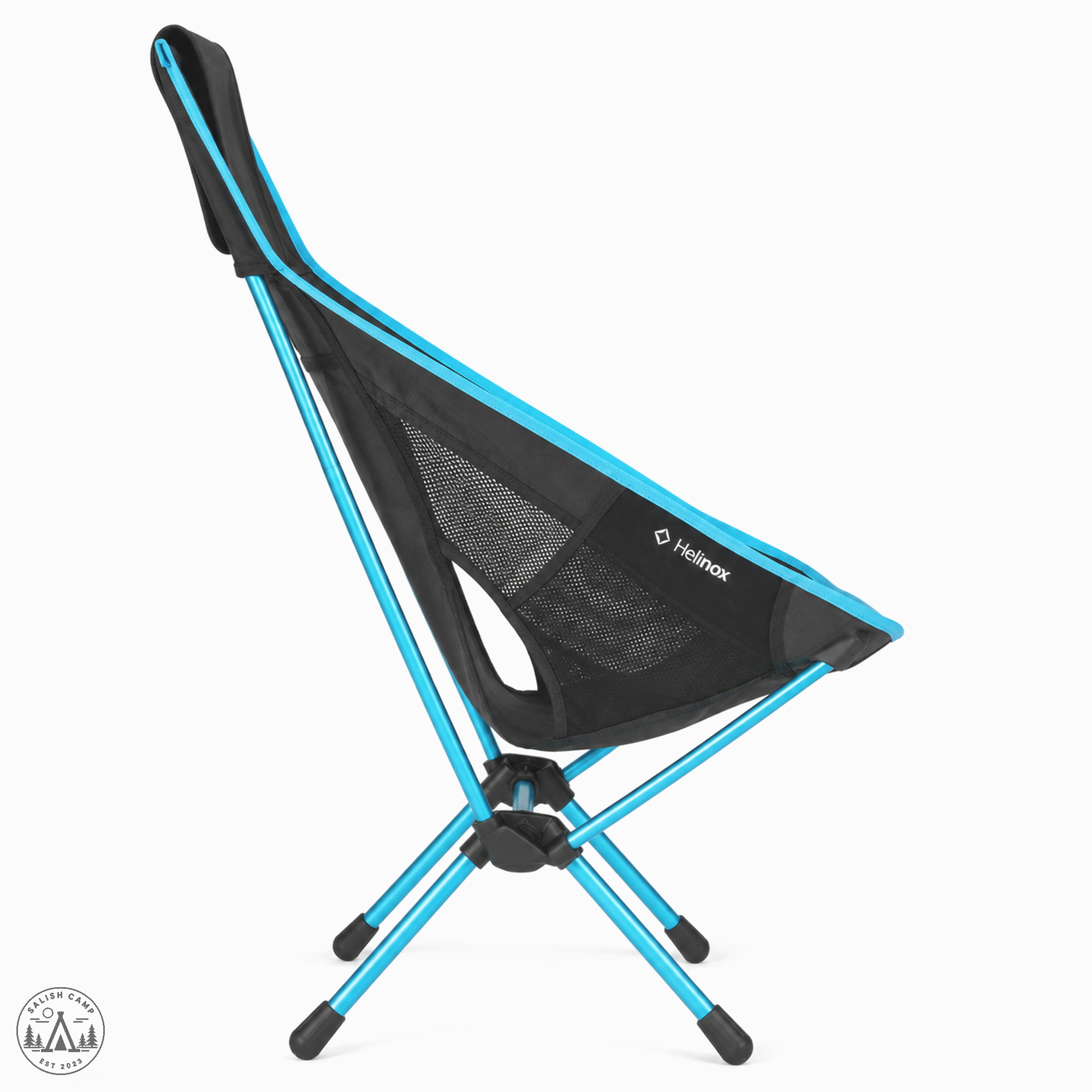 Side profile of the Helinox Chair One High-Back (re) in Black on white, with cyan poles crossing at black hubs