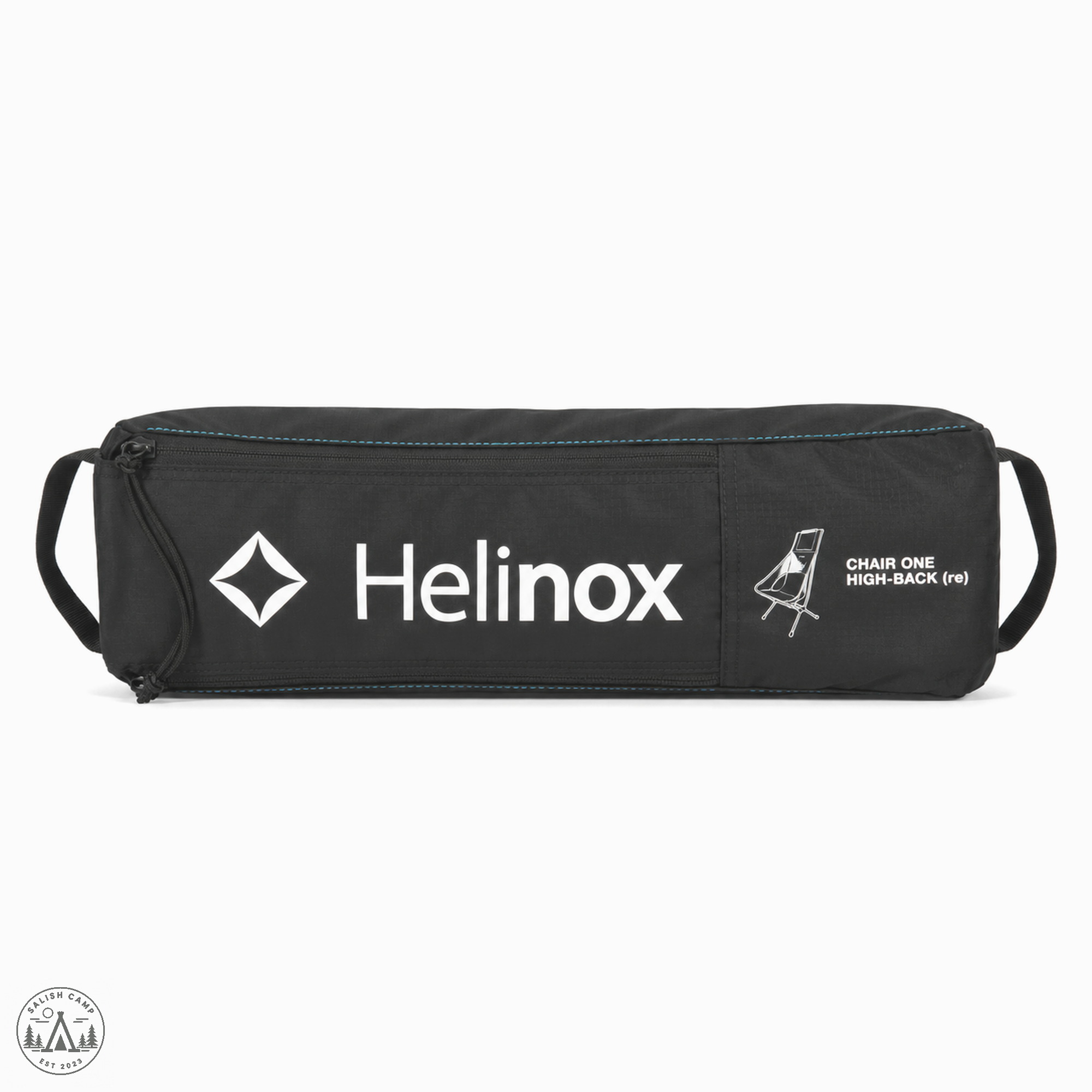 Black carry case for the Helinox Chair One High-Back (re), printed with the Helinox logo and CHAIR ONE HIGH-BACK (re)
