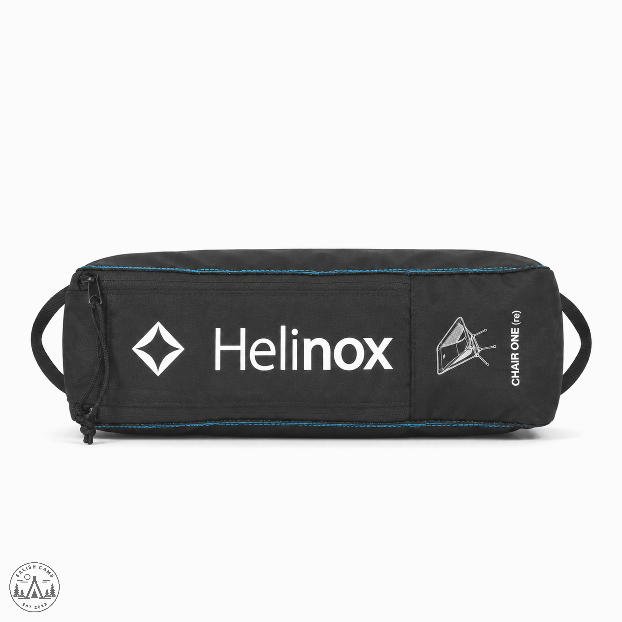 Black carry case for the Helinox Chair One (re), printed with the Helinox logo and CHAIR ONE (re)