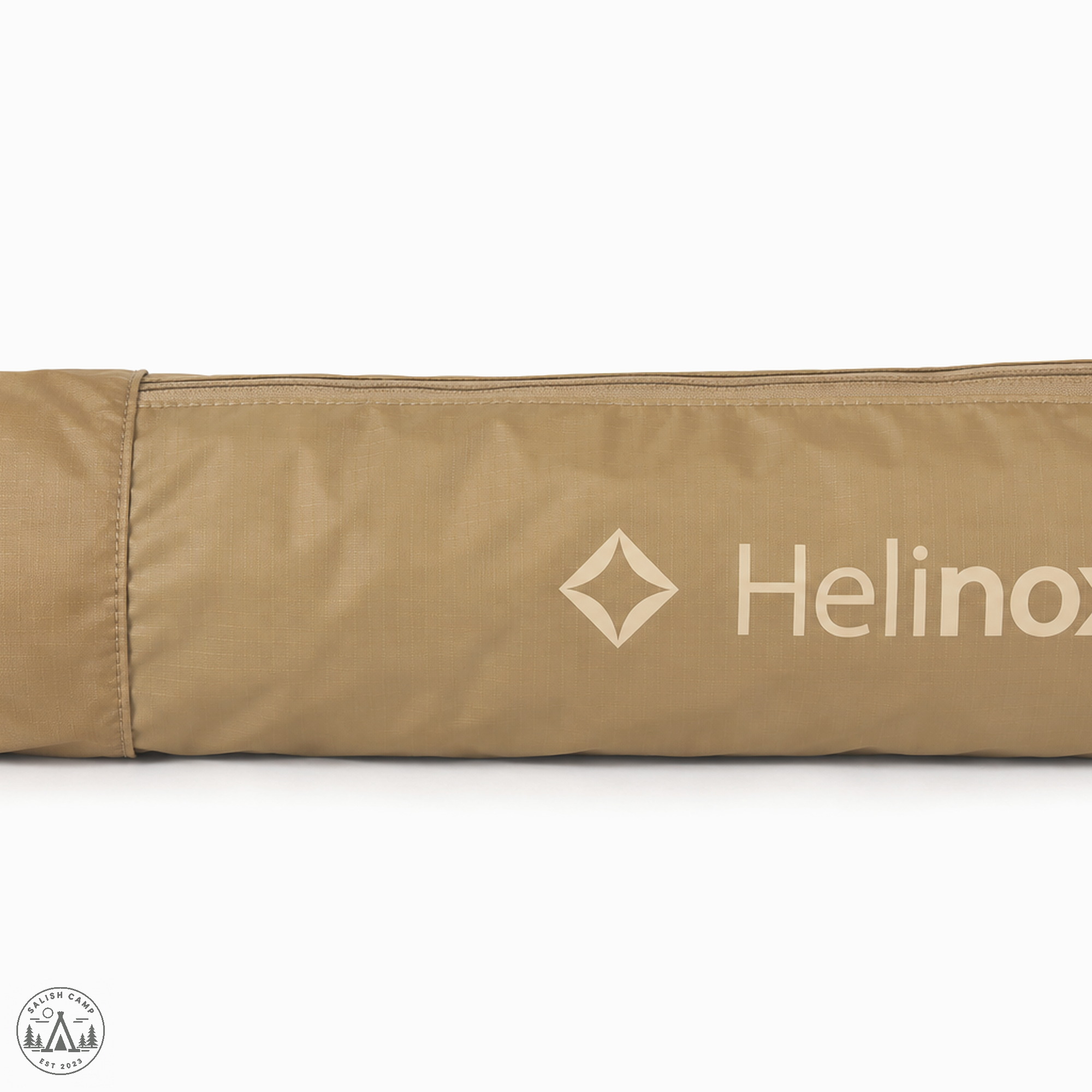 Coyote Tan cylinder carry case for the Helinox Cot One Convertible with Helinox logo print