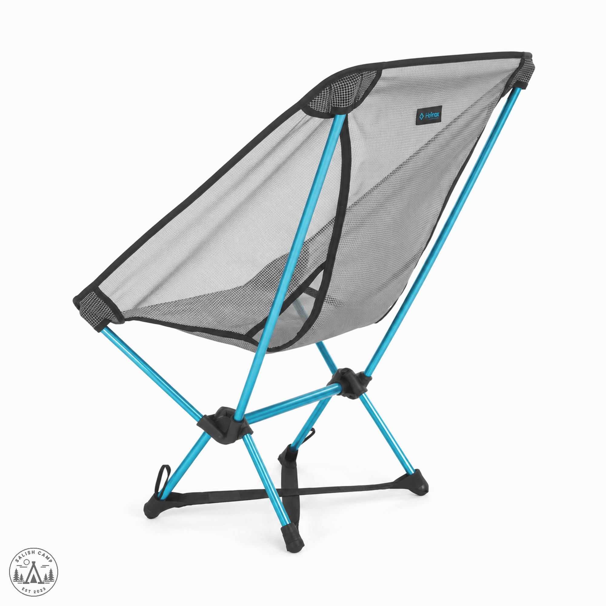 Back three-quarter view of the Chair Zero LT showing the seat sling and cyan frame
