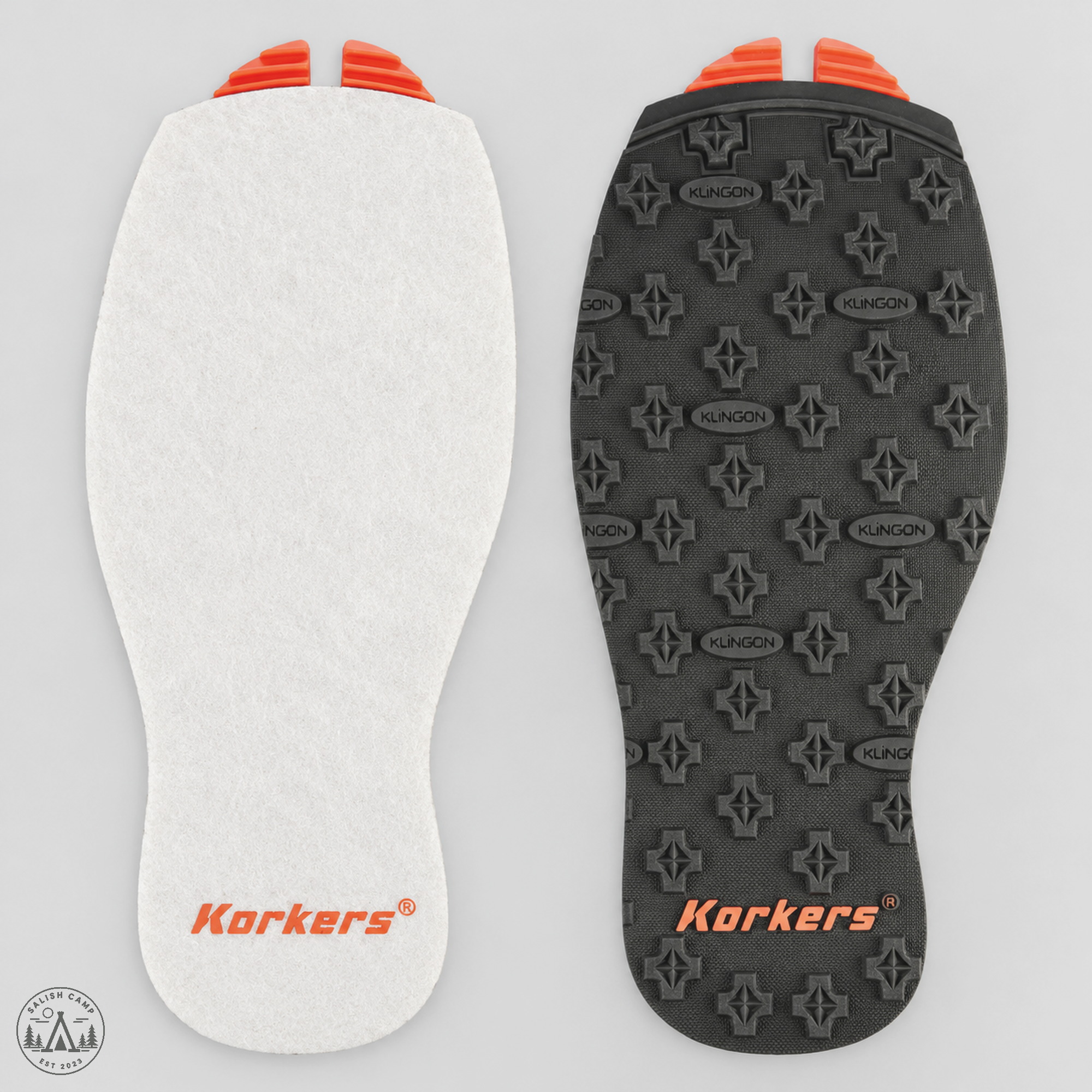 Korkers Devil's Canyon felt and Kling-On outsoles side by side