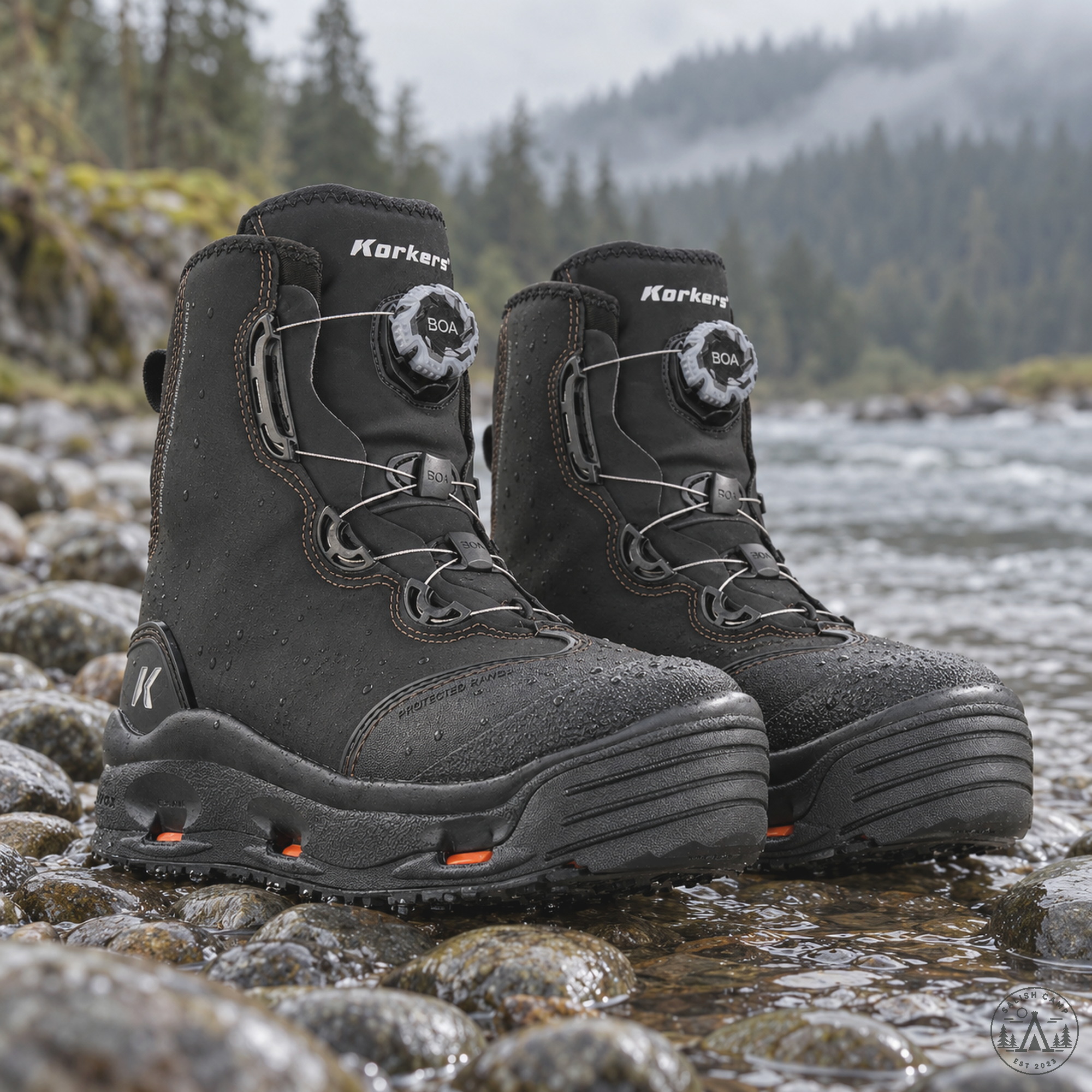 Korkers Devil's Canyon boots on wet river cobble
