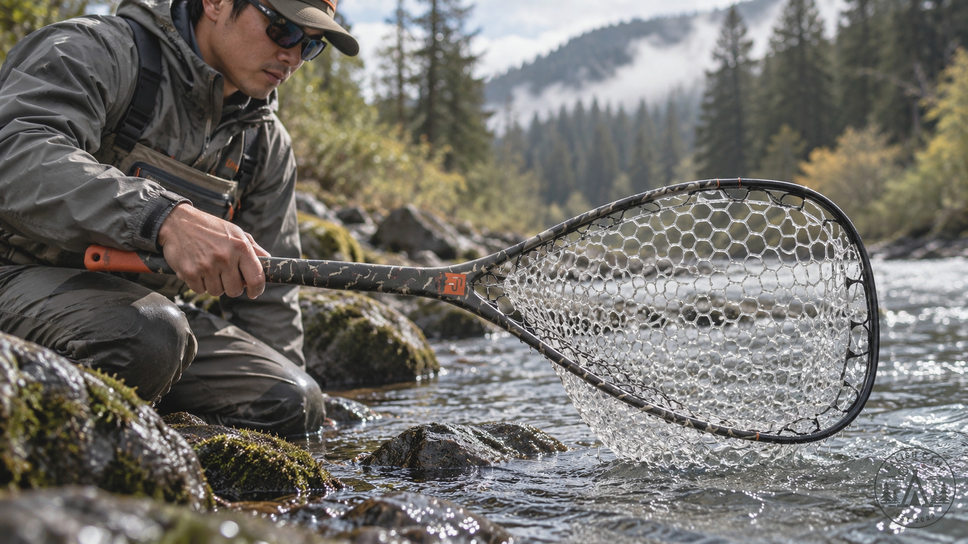 Angler kneeling on a rocky riverbank holding the El Jefe net in the water