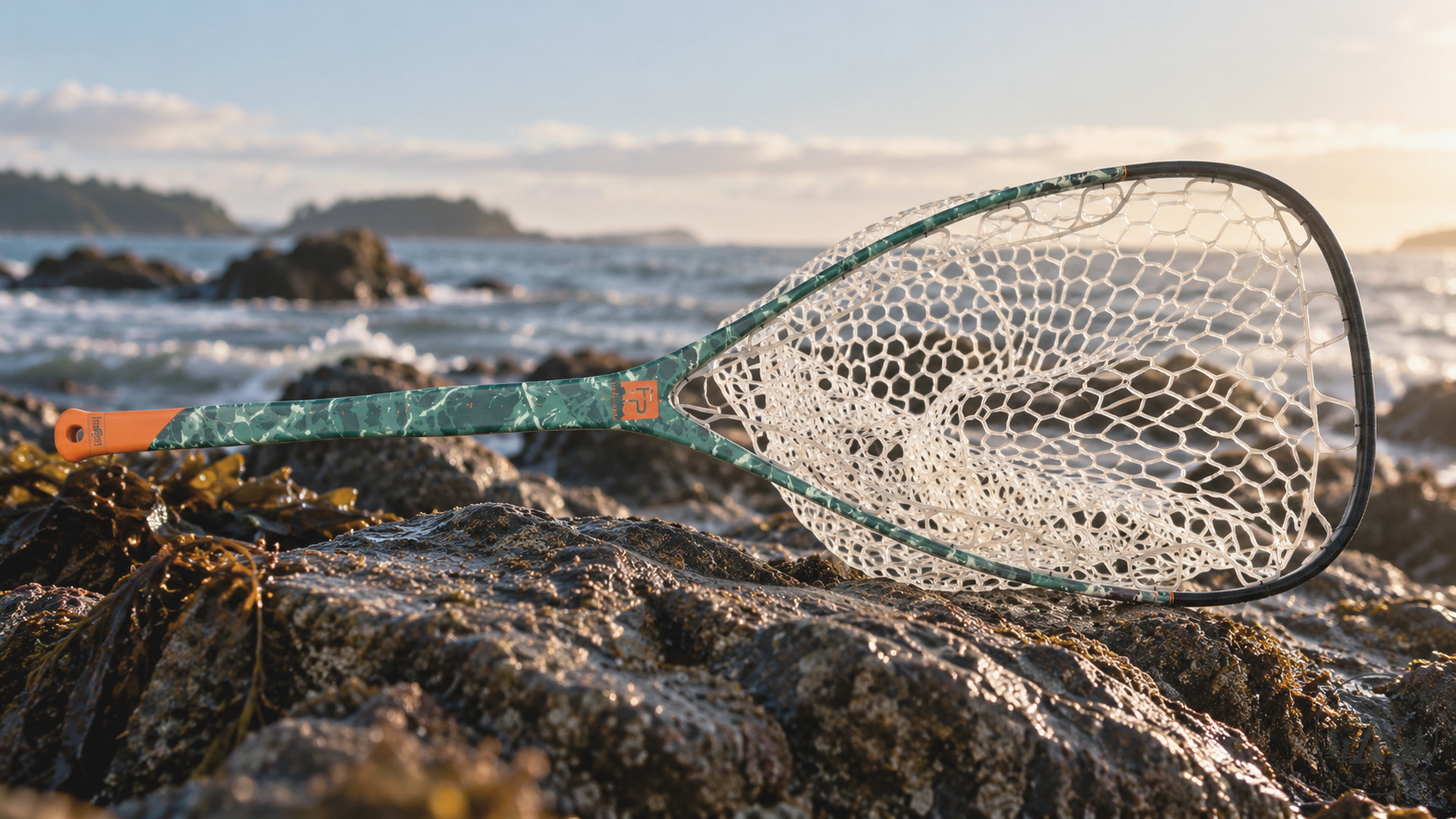Salty Camo El Jefe net alone on shoreline rocks