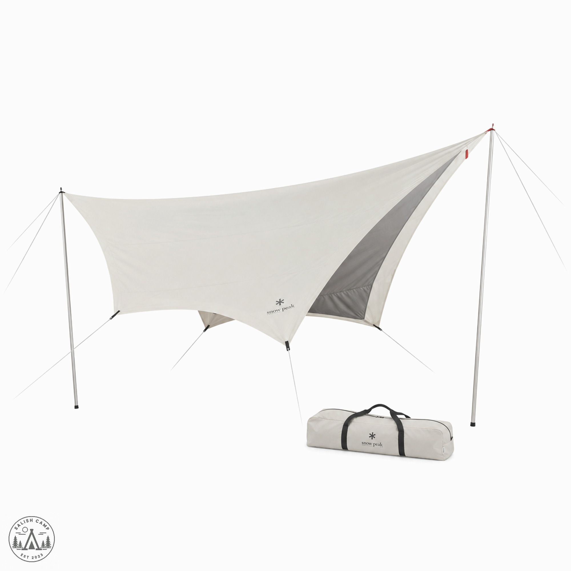 Ivory Snow Peak Takibi Tarp Hexa Set M pitched on two silver poles on white, with the ivory carrying case in front