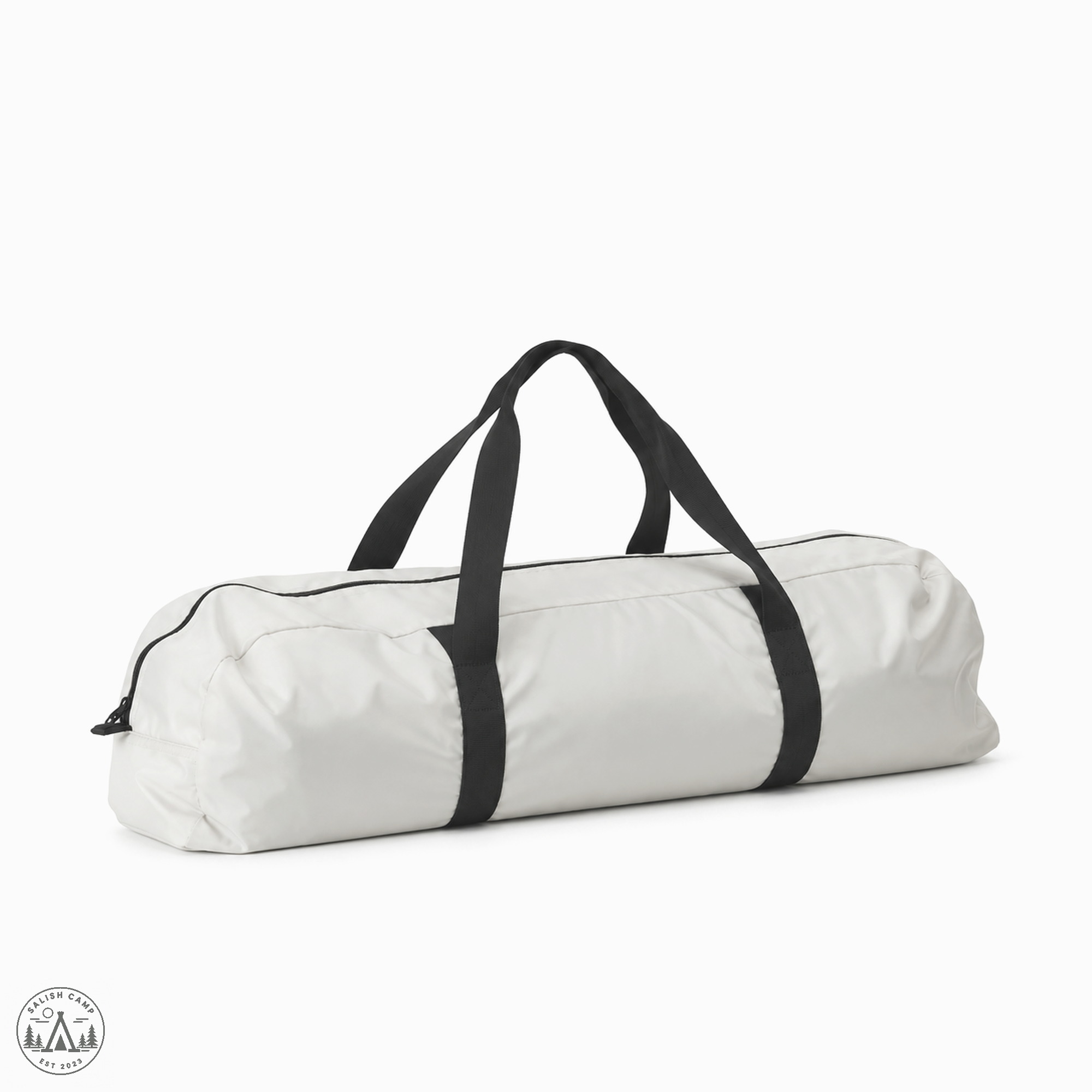 One ivory Snow Peak carrying case, a long duffel with black handles, on white