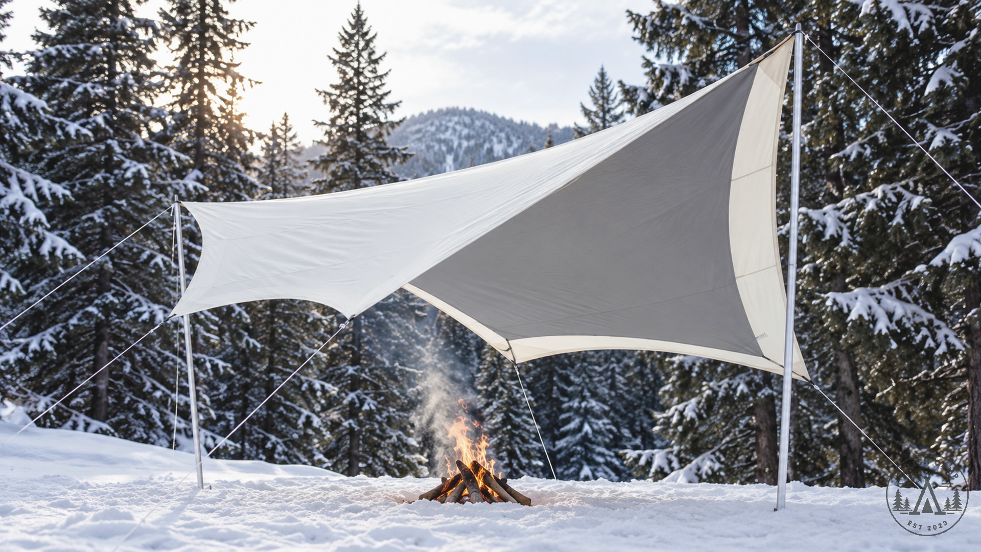 Ivory hexa tarp over snow with a grey panel on the right and an open wood fire underneath