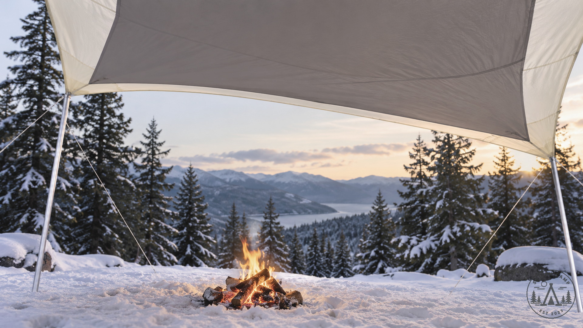 View from under the grey underside of the hexa in snow, with an open wood fire in front