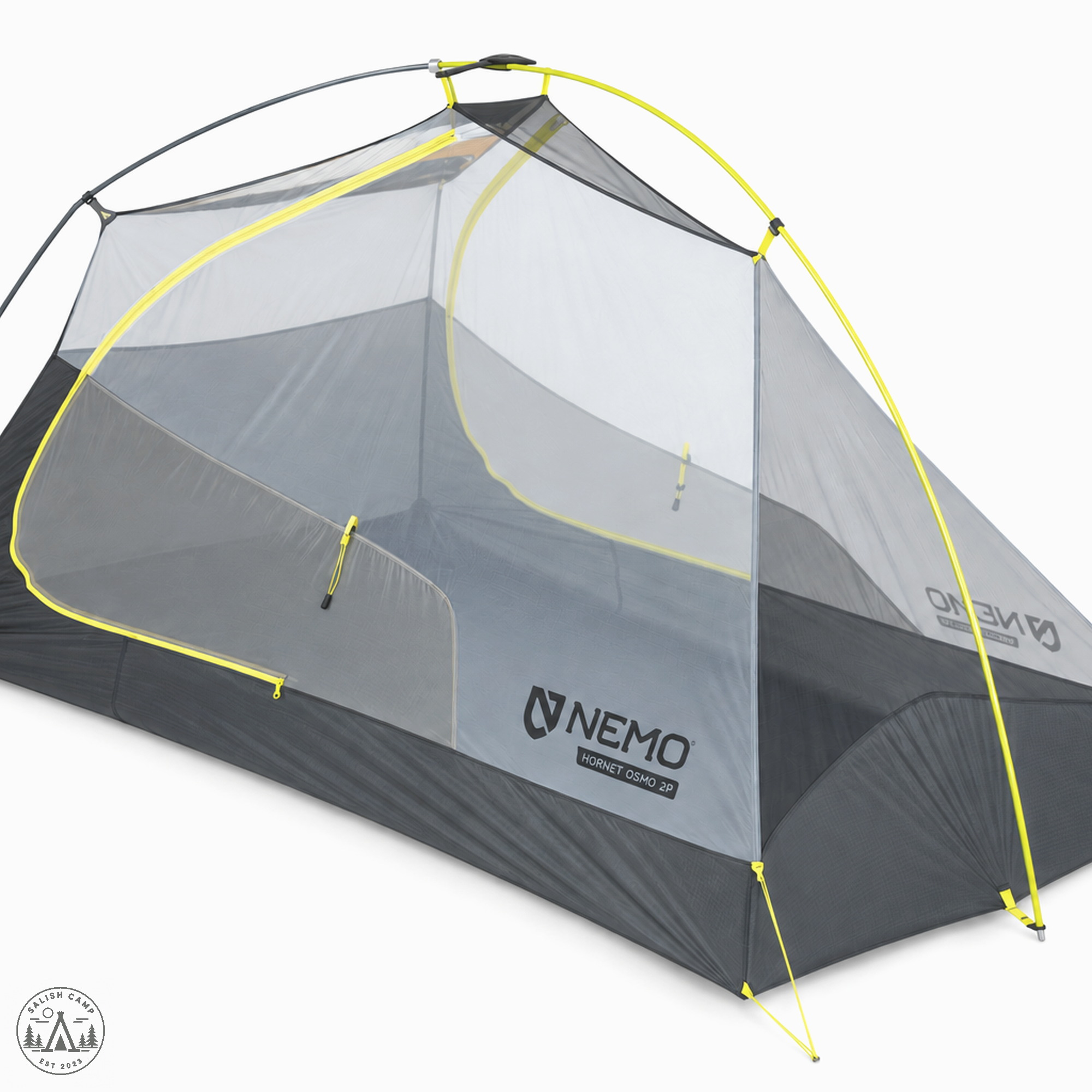 NEMO Hornet OSMO 2P mesh body pitched on white, yellow DAC poles and Flybar