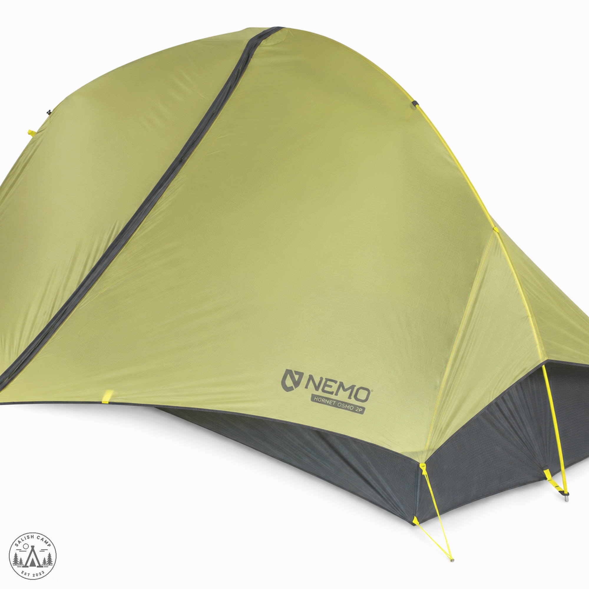 NEMO Hornet OSMO 2P with Birch Bud rainfly on, three-quarter on white