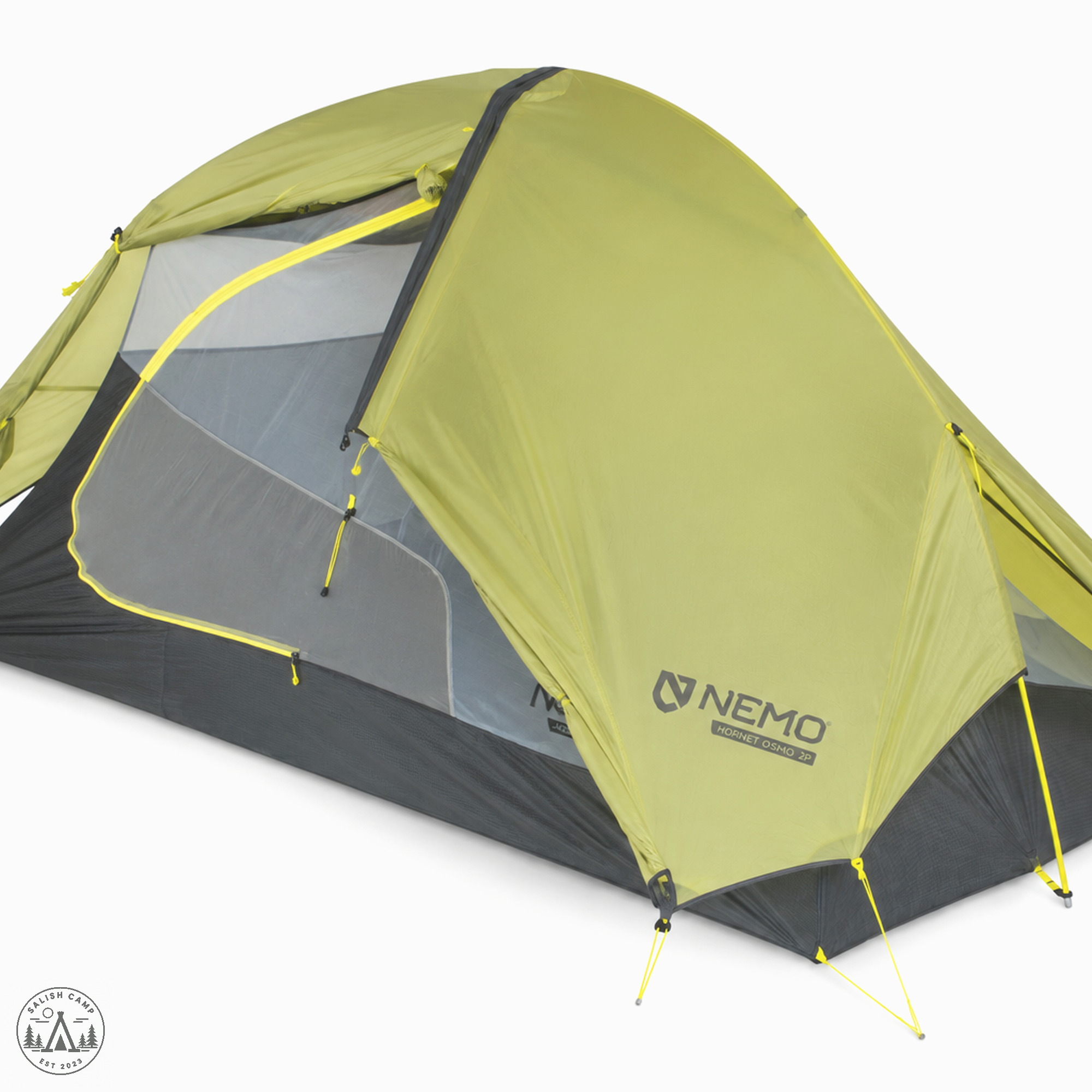NEMO Hornet OSMO 2P with a vestibule door open, empty, on white