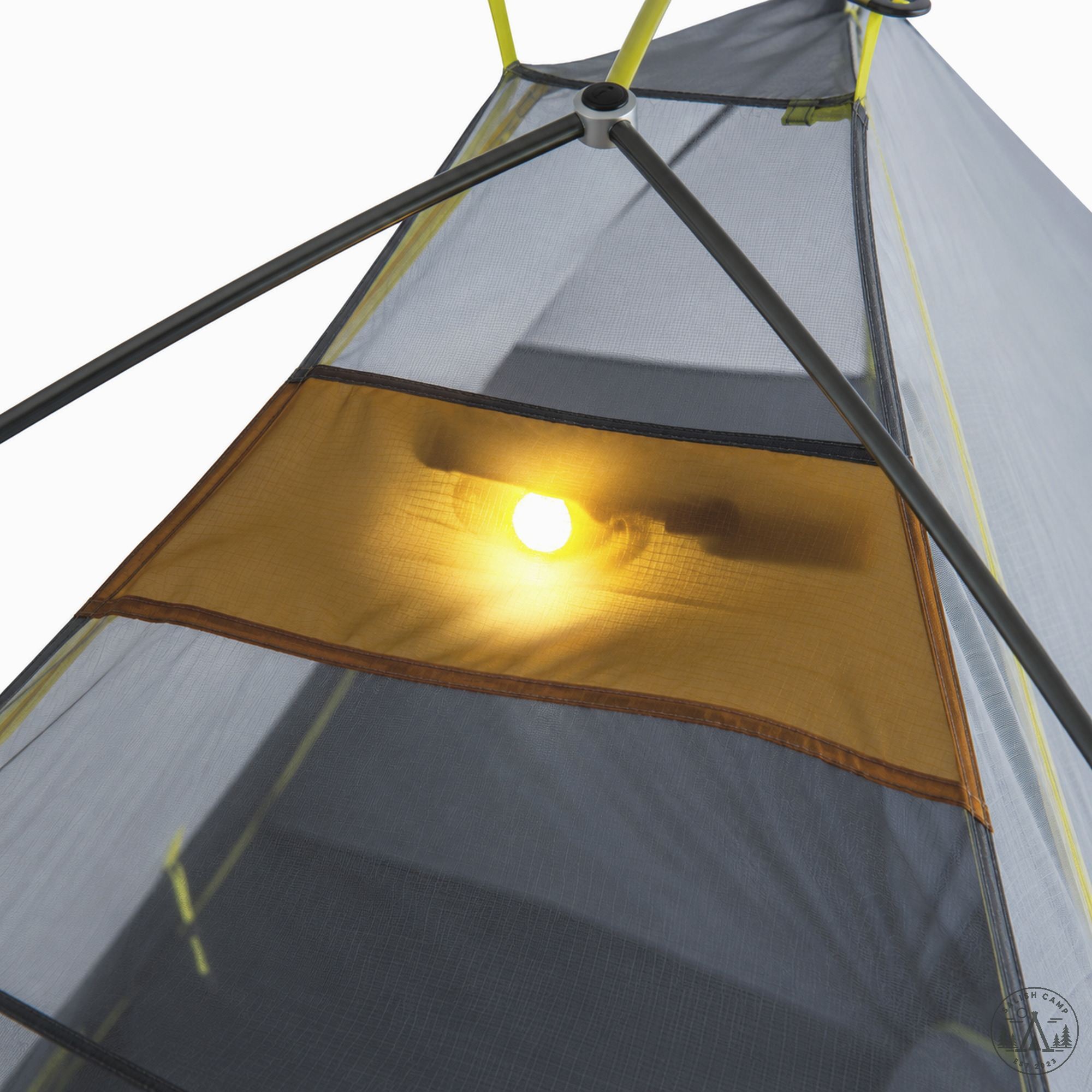 Overhead Nightlight Pocket inside the Hornet OSMO 2P with a headlamp glowing through it