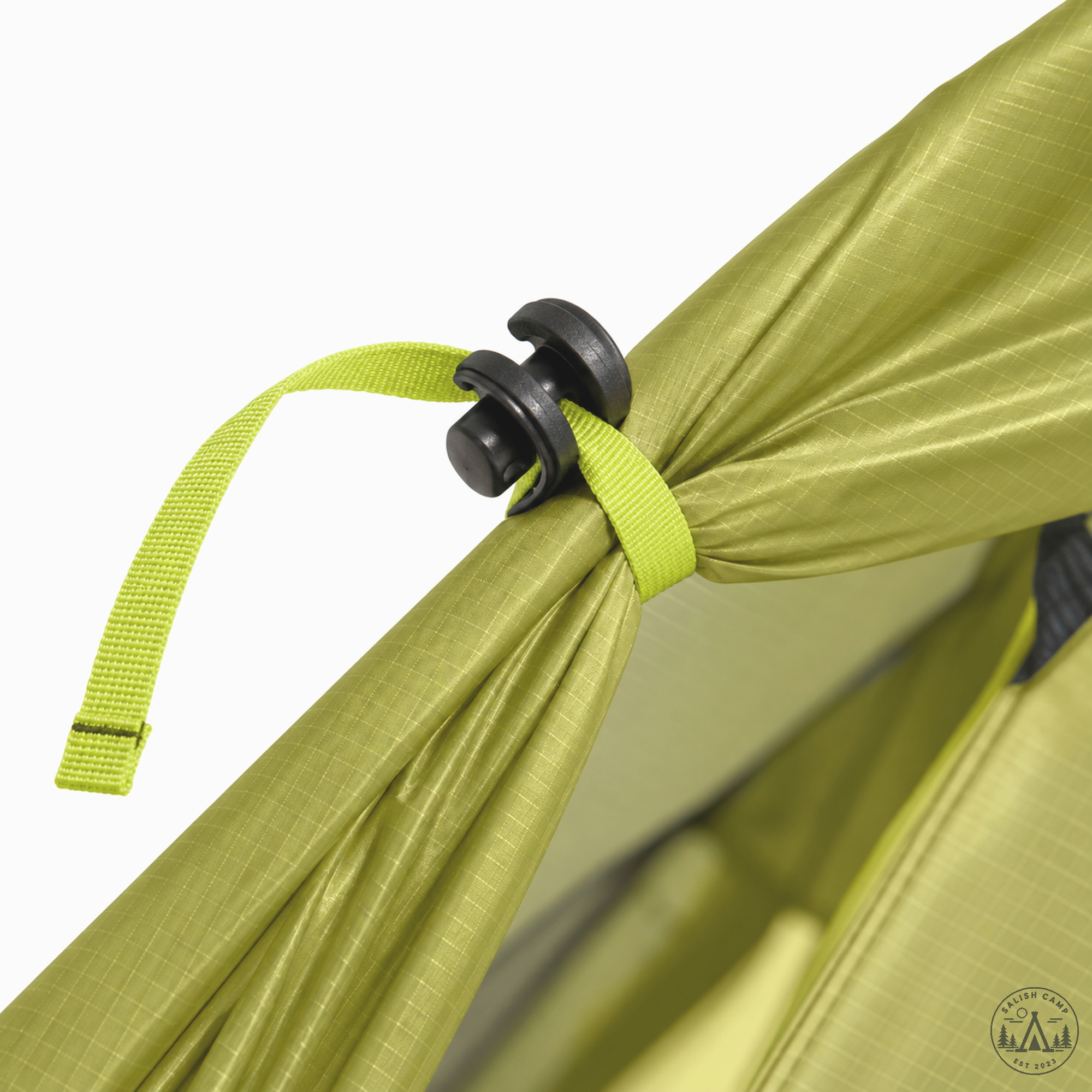 Close-up of Birch Bud OSMO rainfly fabric with a Gatekeeper-style toggle