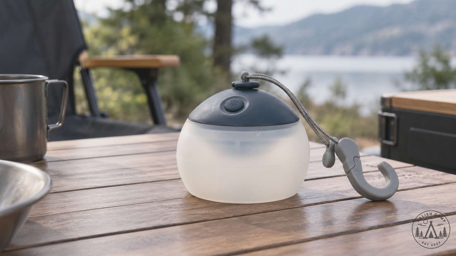 Unlit Night Sky Hozuki lantern sitting on a wood camp table with the hook laid beside it