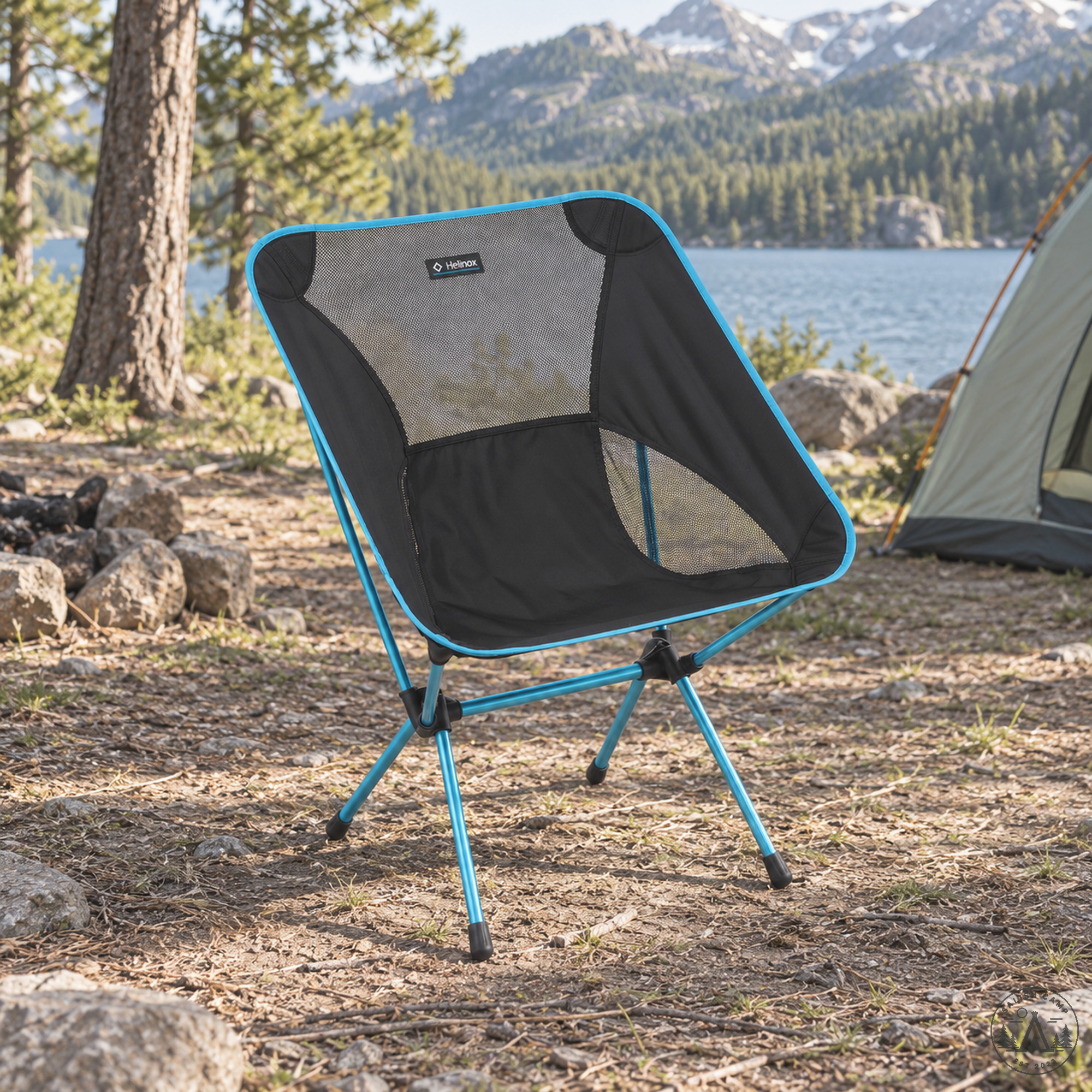 Helinox Chair One XL set up empty by a lake