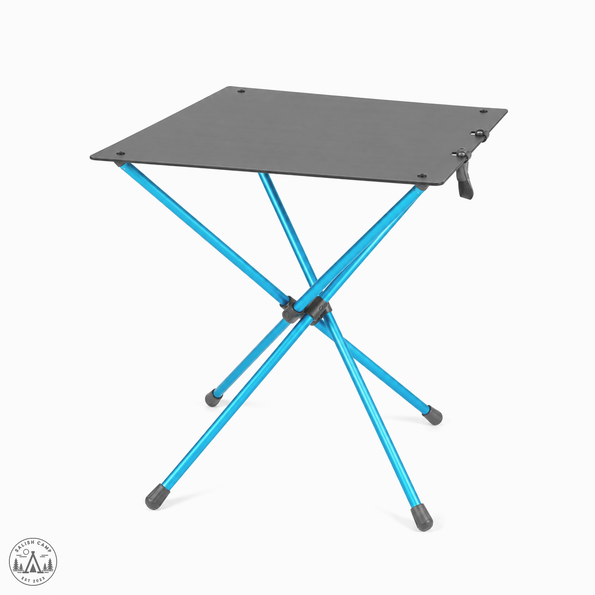 Café Table with black top and light-blue legs, three-quarter view on white