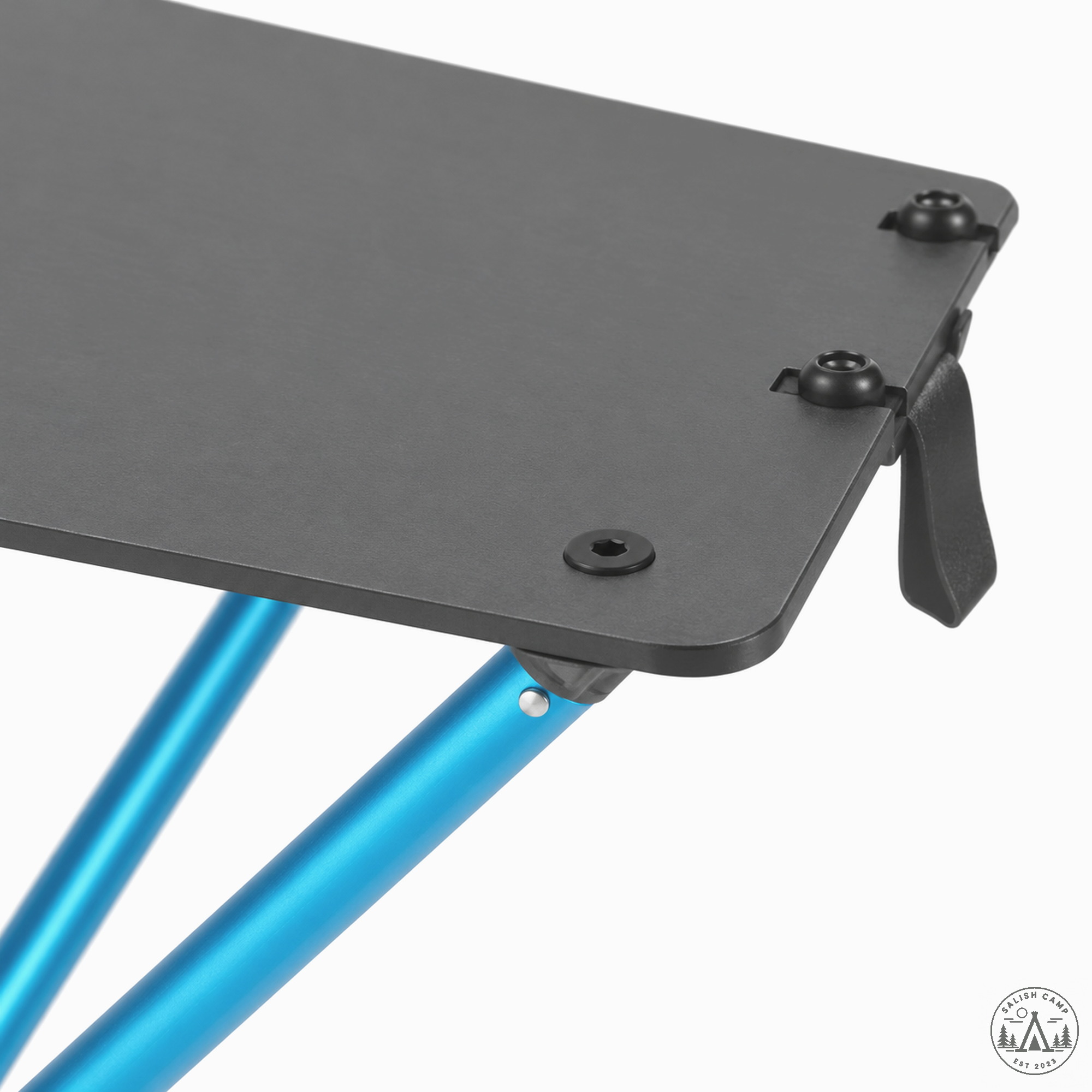 Top corner of the Café Table showing the edge hardware and strap