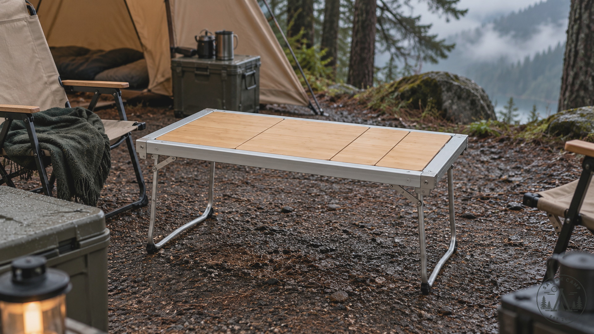 Snow Peak Entry IGT set up as a low table at a wet forest campsite