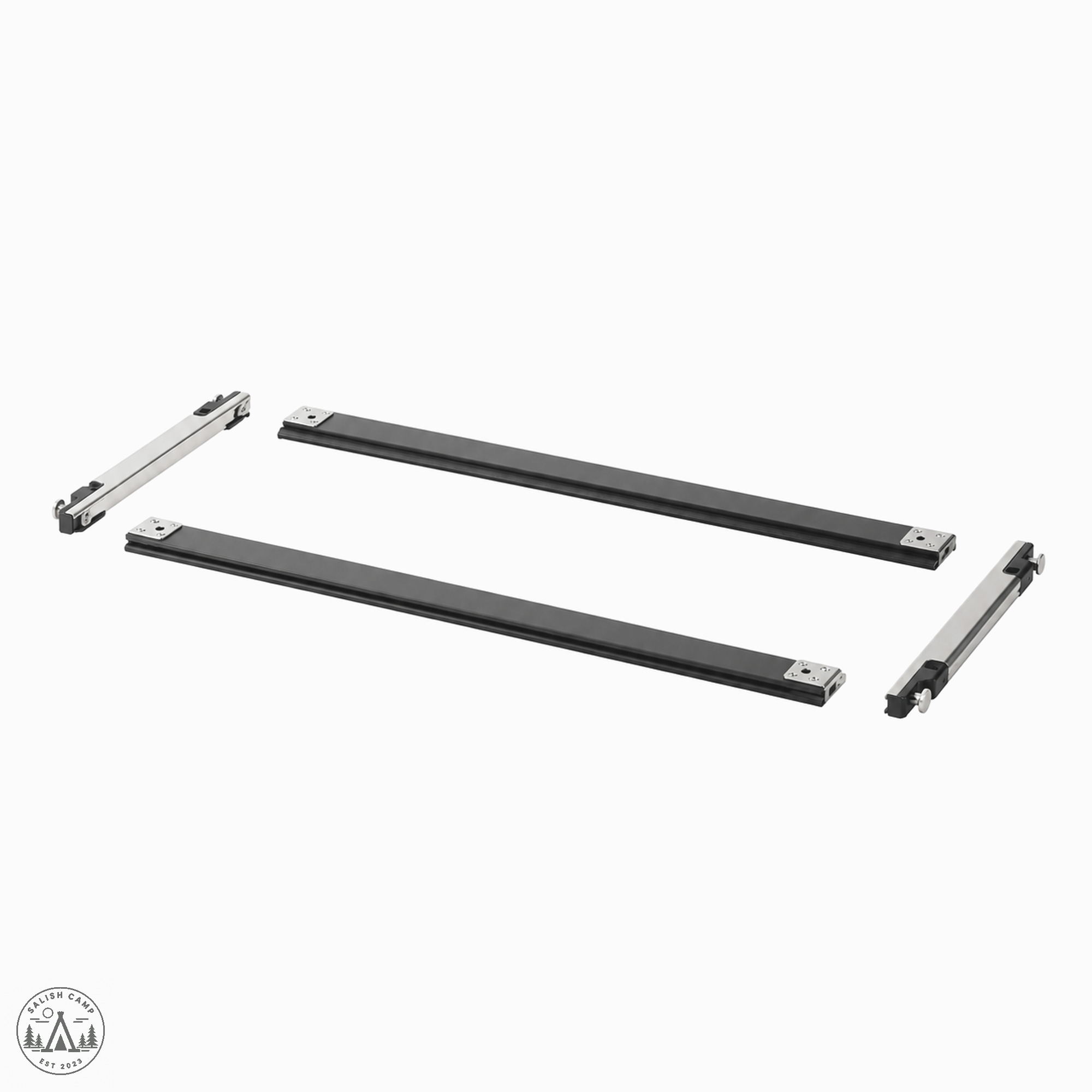 Four separate frame pieces on white, two long black rails and two shorter silver bars