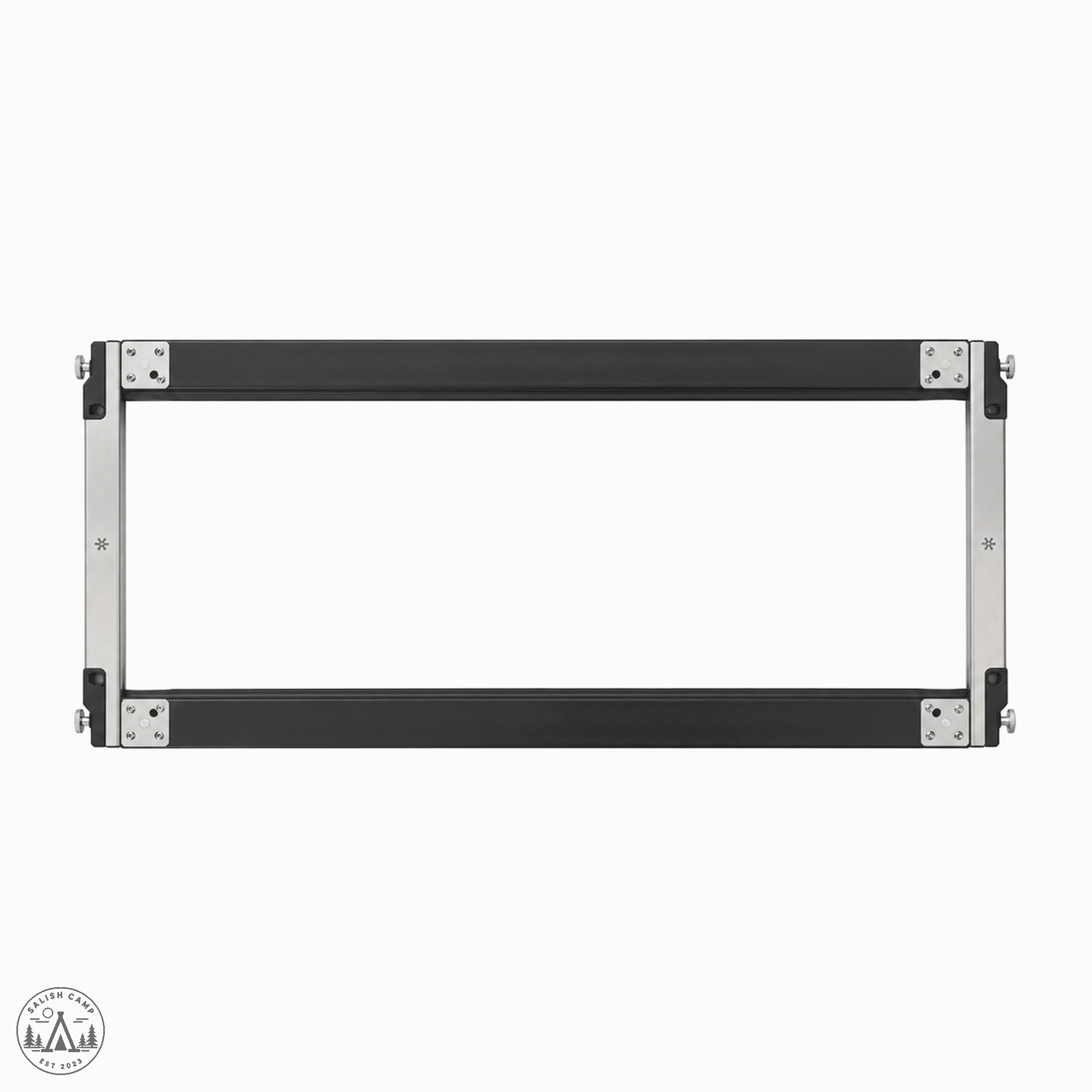 Top-down rectangular frame on white, black long rails, silver ends with asterisks, open center