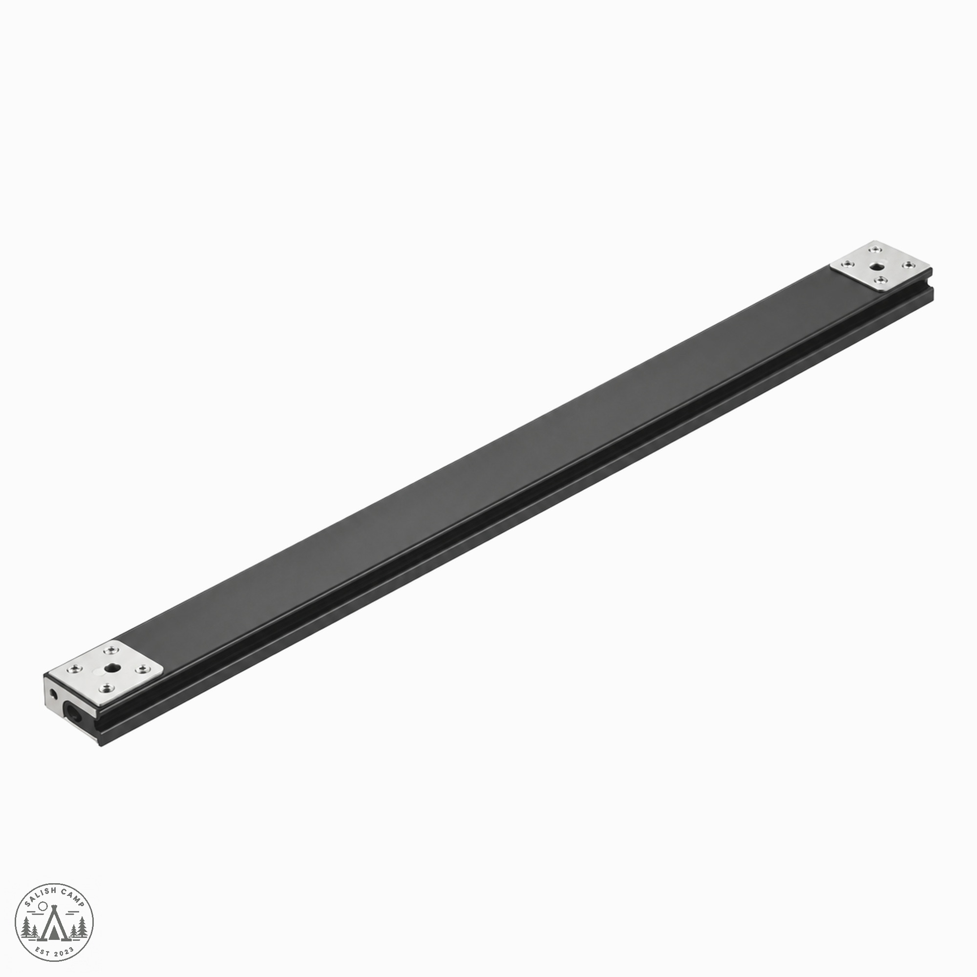 One long black rail on white with a silver plate at each end