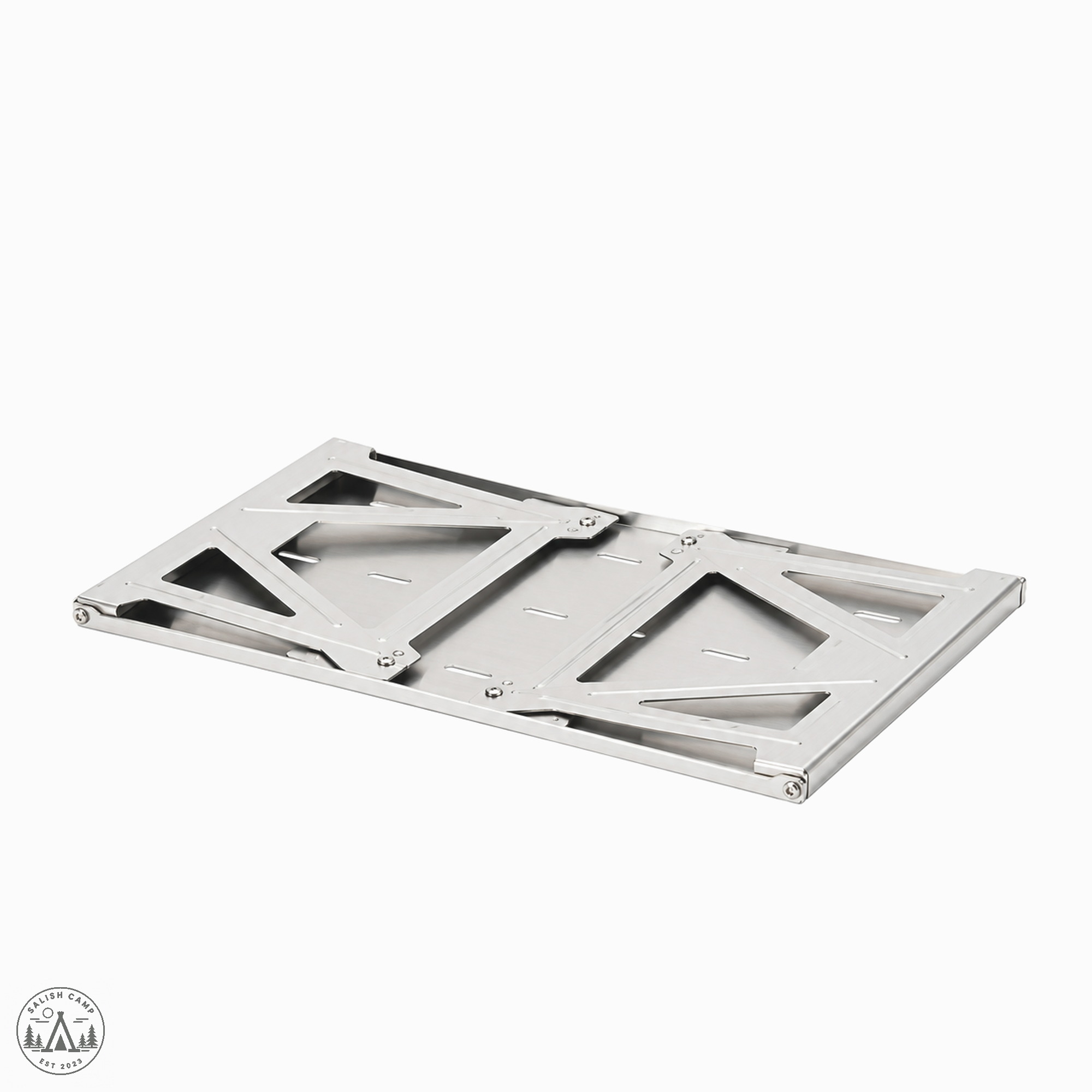 Shallow IGT Hanging Shelf folded flat on white, end brackets down on the slotted deck