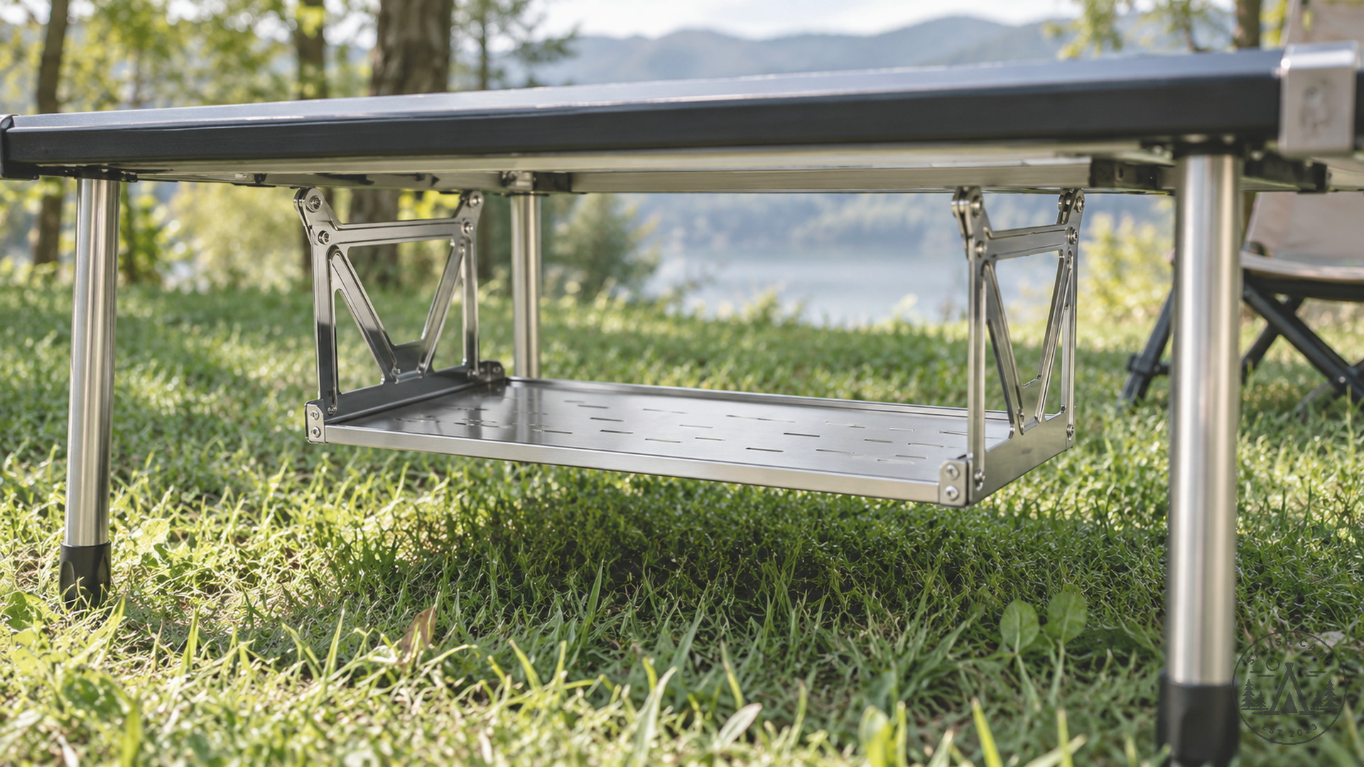 Empty stainless hanging shelf suspended under a low camp table on grass